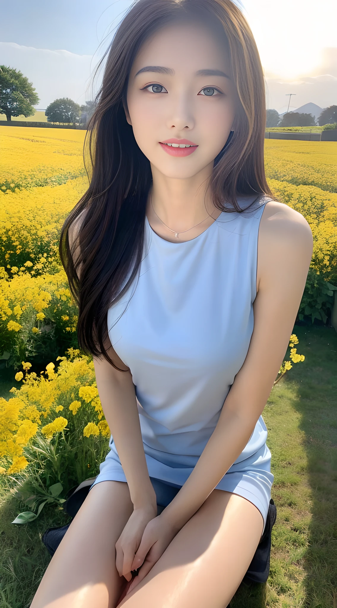 ((Best Quality, 8K, Masterpiece: 1.3)), girl around 20 years old, simple, extremely beautiful and delicate, (light makeup), black hair, sweet smile, delicate and beautiful fair skin, realistic and realistic, delicate and complete facial features, detailed facial portrayal, obsidian-like beautiful big eyes, high nose bridge, red lips, beautiful gentle beautiful girl, flowing smooth hair, extremely delicate hair, feminine temperament, face light, surreal, realistic, 8K picture quality, extreme details, realistic details, master works , realistic extreme, body, absolutely beautiful, pure desire, stunning beauty, peerless beauty, highest image quality, 8k resolution, goddess, smile, fine facial features, long hair and waist, long thick legs, beautiful short dress, sunshine, facing the camera, well-proportioned and firm figure, gentle eyes, exposed thighs, in a beautiful rape flower field, full body photo
