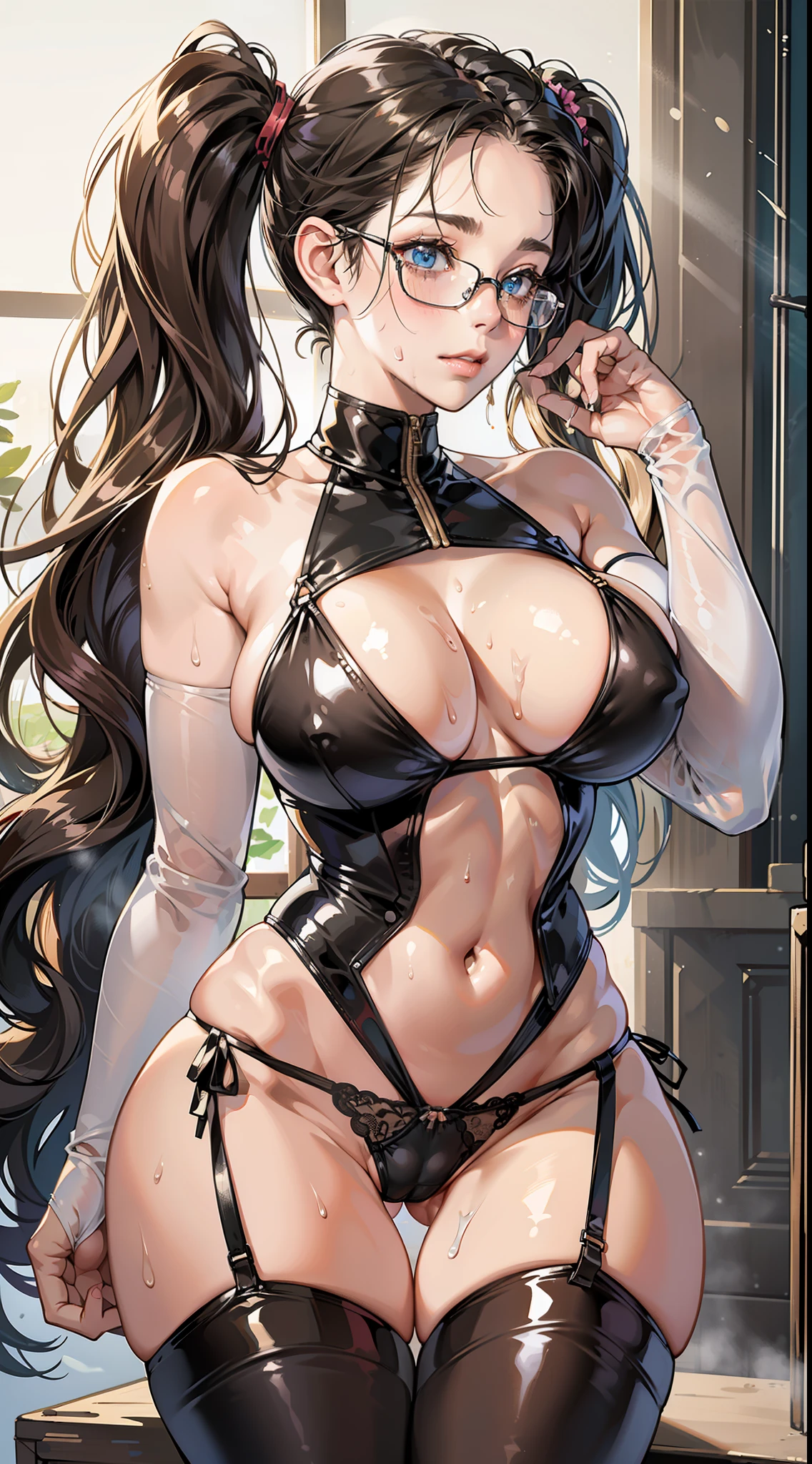 masterpiece, best quality, realistic, photorealistic, great lighting, ultra-detailed, dynamic angle, perfect face, (bright lighting:1.2),beautiful detailed eyes, extremely detailed face, perfect lighting,
1girl, darkbrown twintail hair, glasses, ((have a whip)),
black latex bikini suit, high-heeled shoes,
Torture rooms, old-fashioned prisons,
sweaty, wet body, navel out, thighs out, buttocks, large breast, slim, slender, translucent, Embarrassed expression, blush, ((black panties, camel toe)),
M legs, bare clothing, blushing, sweaty, transparent clothing