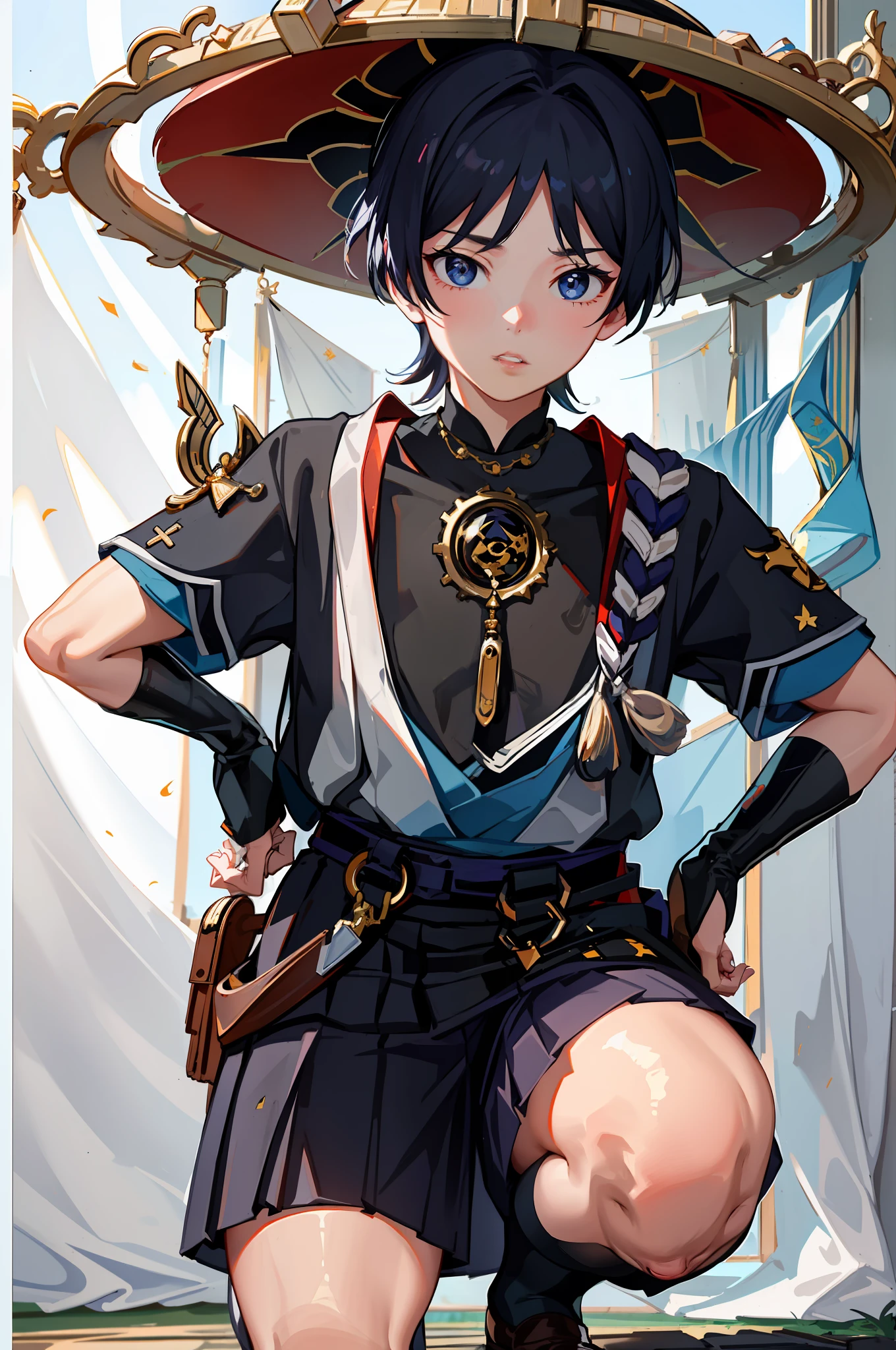 ((Masterpiece)), (Best Quality), Absurdres, 1boy, Squat Cowboy Pose, POV, School Uniform, (Classroom:1.1), Sunlight, (Half-Closed Eyes:0.4), (Parted Lips:1.4), (Nose:1.2), School Uniform:1.5, Wanderer (Genshin)