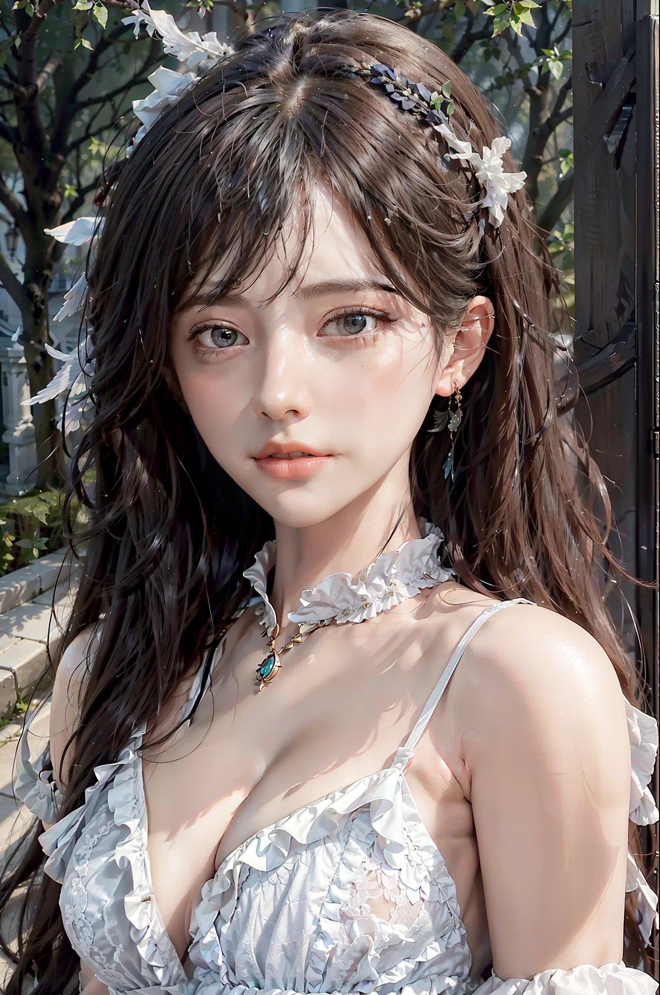 best quality, ultra hi res, photoreaslistic, a photography of a beautiful woman, 26yo teen age, detailed face, black Feathered layers, (detailed porcelain doll,delicate clothes with a lot of frills and ribbons), Bridge, (face close up), seductive look, looking at viewer