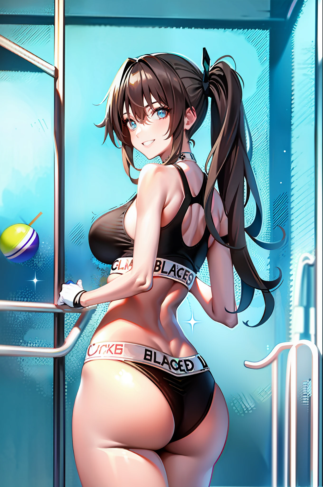 1girl, (queen of spades symbol:0.9), bikini, pool, (brown hair, bangs, ponytail, blue eyes:1) seductive smile, looking back, ass support, sports bra, masterpiece, thong, best quality, BLACKED, highly detailed, big breasts