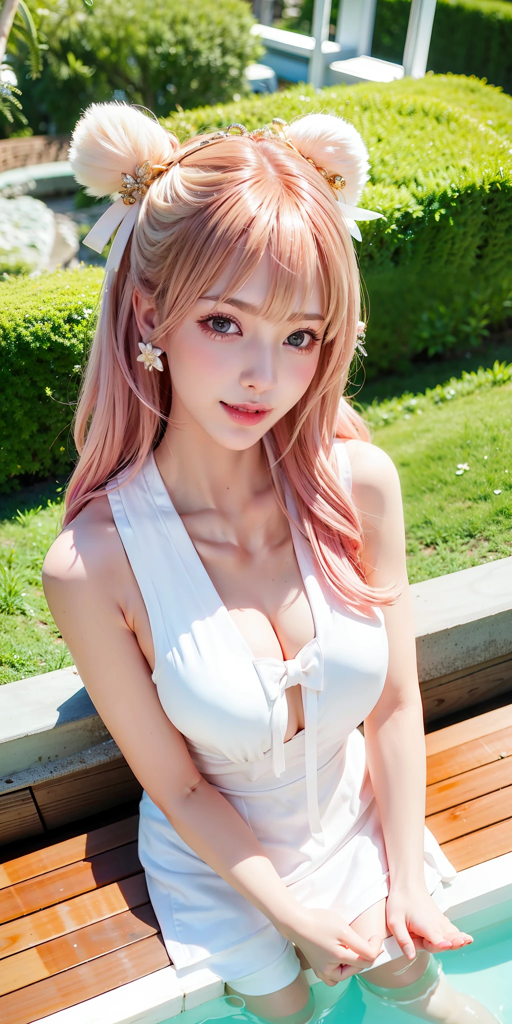 (8k, 4k, best quality, highres:1.2), (maasterpiece, realistic, photo realistic:1.37), 1girl, solo, beautiful face, eyelashes, nose, glossy lips, (detailed eyes, looking at viewer, fair skin, white skin:1.5), fine complexion, upper body,
large breasts, busty,, (nude:1.5),
outdoor onsen,
two side up, absurdly long hair, blonde hair, pink hair, bangs, hair ornament, bow,
younger, aged down,
