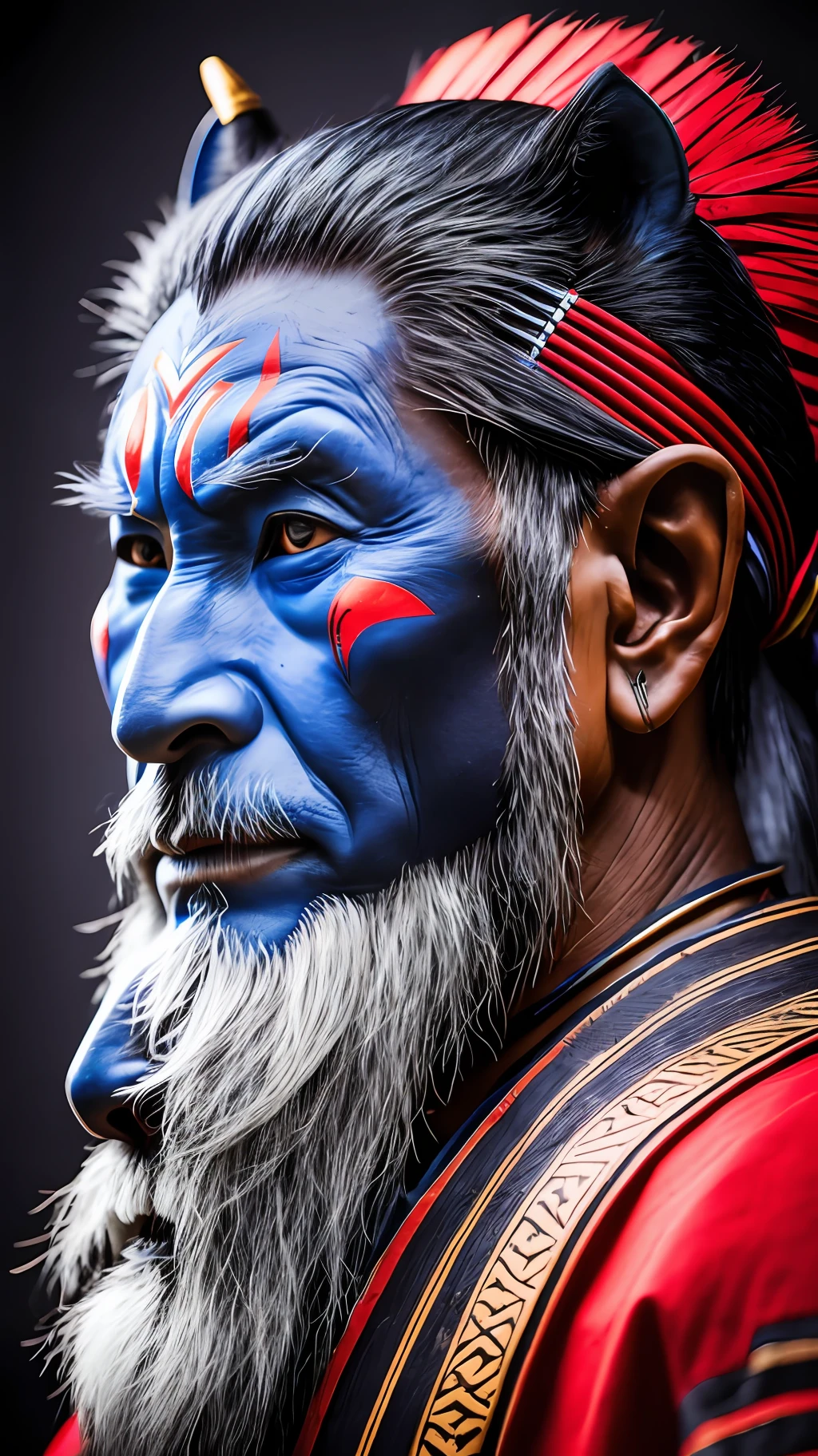 portrait photo  of a asia old warrior chief,  tribal panther make up, blue on red, side profile, looking away, serious eyes,  50mm portrait photography, hard rim lighting photography--beta