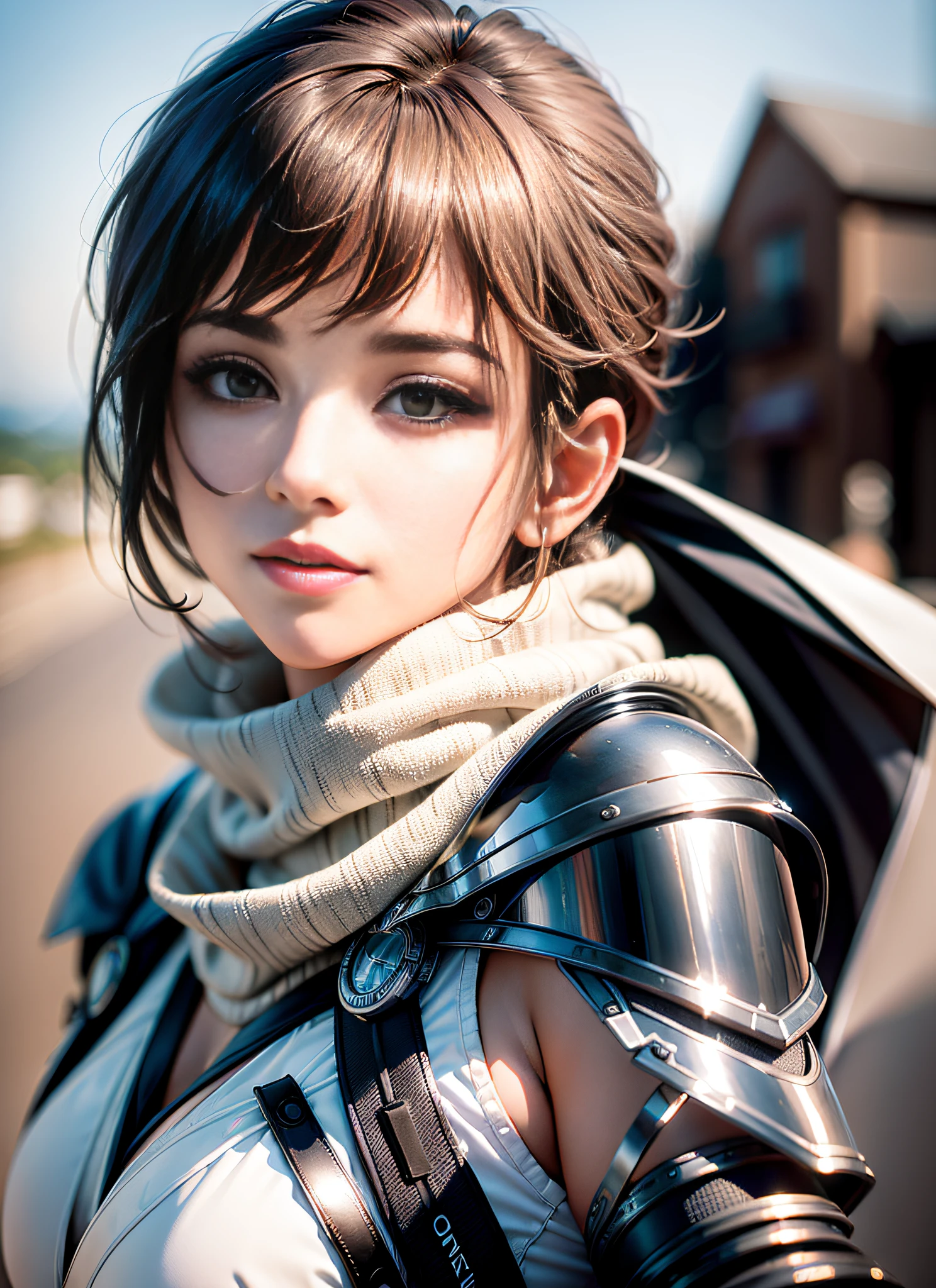 Beauty Waist & BUST, Beauty big Breasts, Masterpiece Beauty skinny Girl (Perfect Face & Perfect Skin) Super Sharp (Portrait) In perfect sharp & ultrarrealist Valkyrie white Armor Suit (Wearing Cape & scarf) "short pixie Hair" in 8K, Full HD, Kodak Portrait 400 CANON MARK III PHOTOGRAPHY (f/8 SHARPNESS AND SHUTTER SPEED 1/8000 ISO 100 external