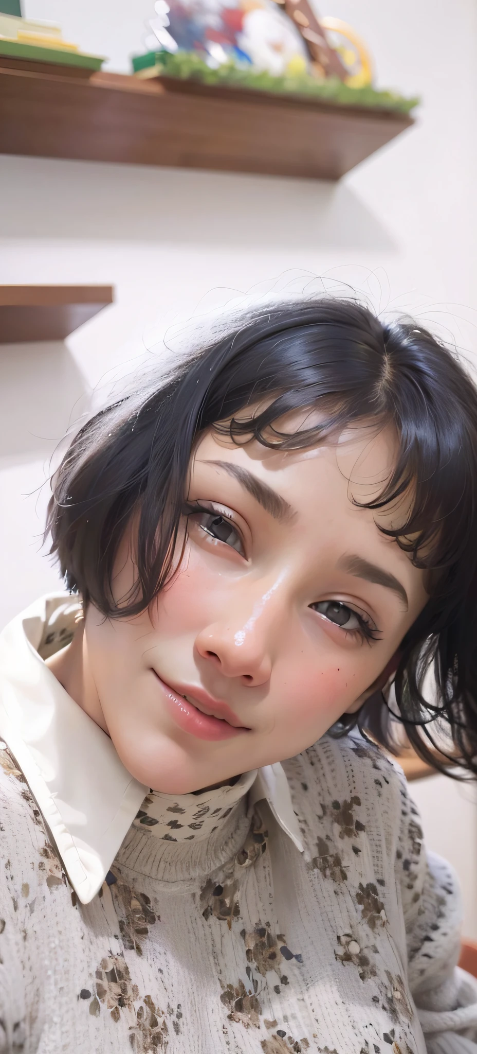 Delicately portrays a woman's half-body, 30 years old, plain face, oval face flat nose, short hair, facing the camera, gentle smile, sunshine, bright background, painting style,