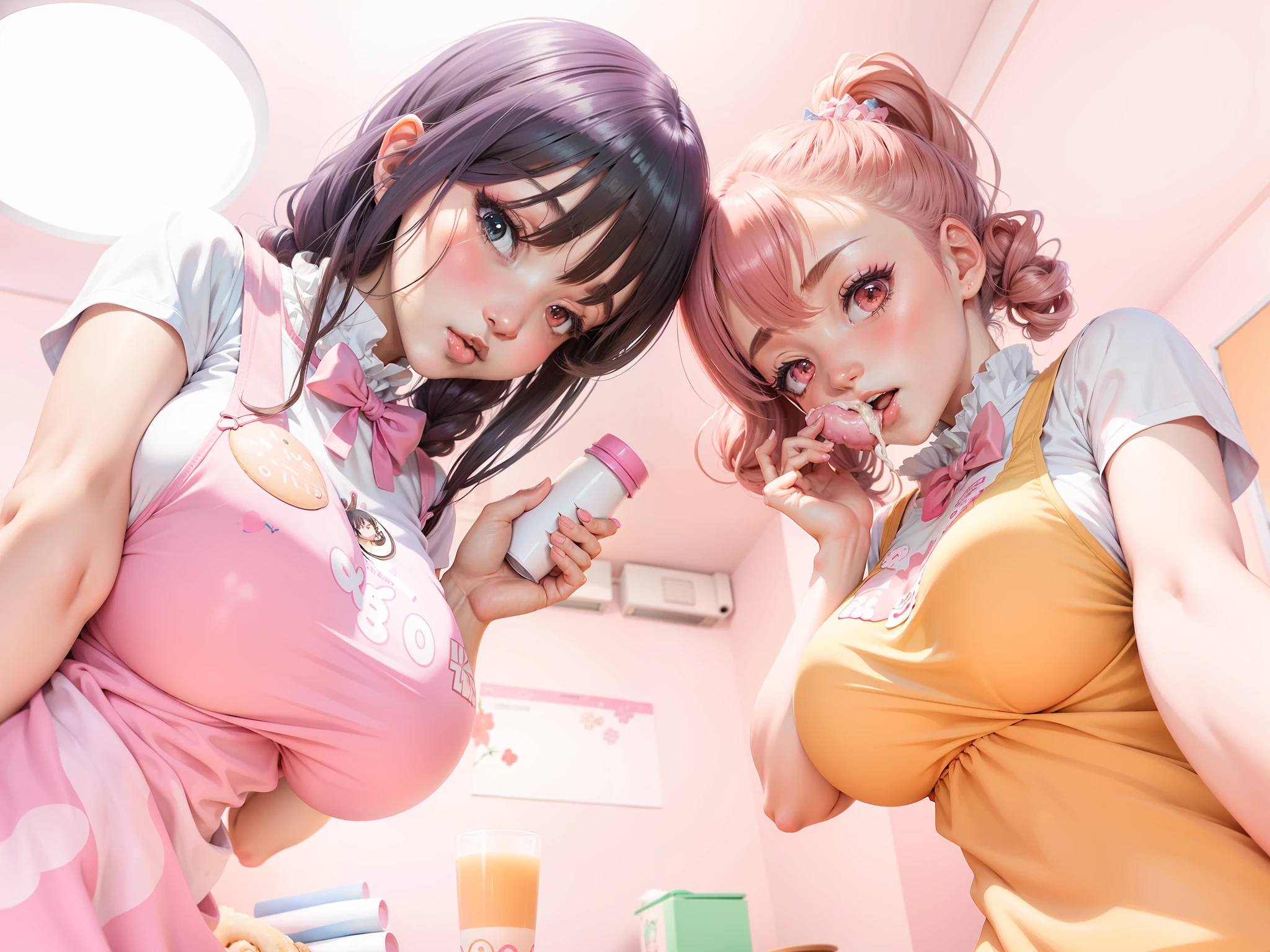 anime girls in a pink room eating donuts and drinking milk, ecchi anime style, anime girls, ecchi style, twintails, ecchi, two beautiful anime girls, official artwork, nixeu and sakimichan, official fanart, high quality fanart, trending on cgstation, idolmaster, smooth anime cg art, pixiv 3dcg, kawaii realistic portrait