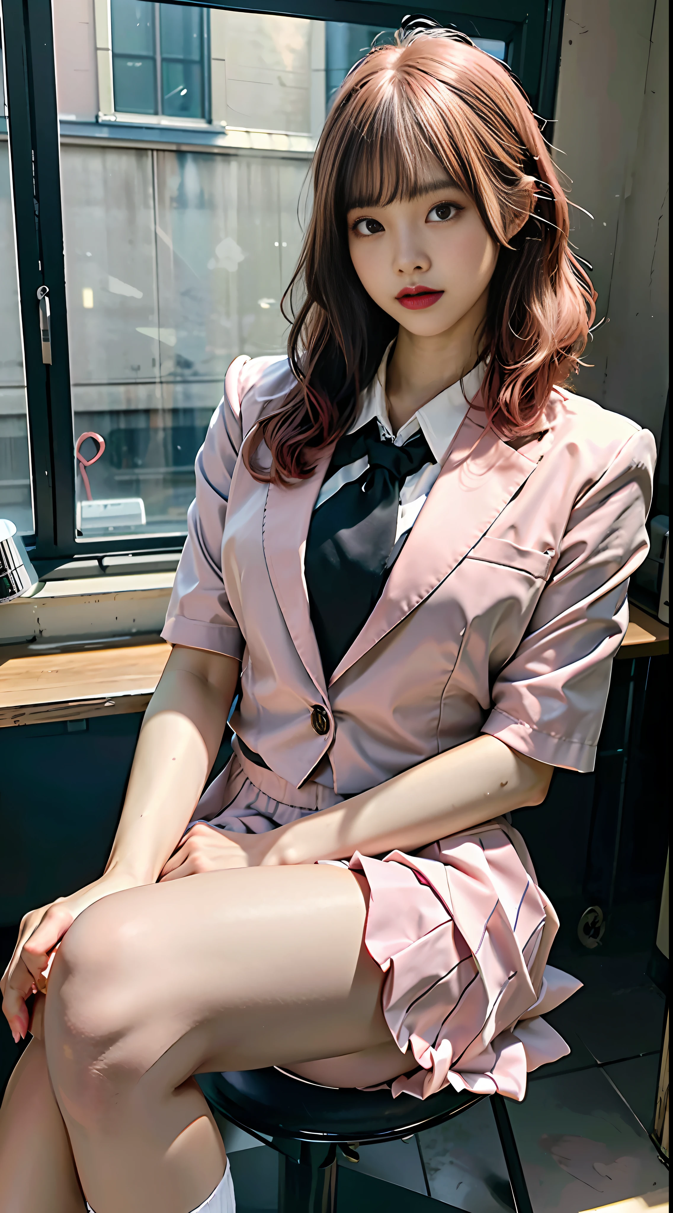 (photogenic, 8k, RAW photo, best quality, masterpiece:1.2), Blazer school uniform, mini skirt, voluptuous body, short pink hair, sitting at desk, black pants visible through crossed legs, pointing, beautiful face, black underwear, shiny thighs, pure white skin, Japan, school girl, realistic