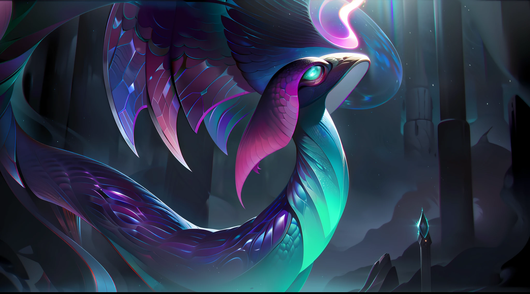 Ti'Mayah, the Mysterious Flame, is depicted in his splashart as a captivating and enigmatic creature, blending the traits of a chameleon and a mystical purple fire-breather. The scene takes place in a mystical forest, where ethereal foliage and ancient ruins add to the atmosphere of mystery. Ti'Mayah has a reptilian shape reminiscent of a chameleon, with vibrant, iridescent scales that change and change color with the environment. Their body is elongated and slender, allowing them to move with graceful agility. Intricate patterns adorn its scales, displaying symbols of arcane power and mystical knowledge. With a regal posture, Ti'Mayah releases a torrent of mystical purple fire from his open The flames dance and twist, forming mesmerizing patterns that curl around his serpentine body. The fire illuminates its surroundings, casting an otherworldly glow over the scene. Ti'Mayah's eyes are piercing and full of ancient wisdom, reflecting his deep connection to the arcane forces. Their expression is serene and enigmatic, hinting at the vast mysteries they hold within. They are a creature of beauty and danger, embodying the mesmerizing power of their purple fire. The mystical forest in the background is filled with towering trees that are adorned with bright, magical foliage. The air is dense with arcane energy, and faint trails of purple smoke wander through the air, carrying the essence of Ti'Mayah's breath of fire. The color palette is dominated by deep purples, vibrant blues, and sparkling silver. The play of dark and light tones enhances the mystical ambience of the scene, while the vibrant colors of Ti'Mayah's flames create a striking contrast, splashart, body lines, vibrant colors, exquisite details, cinematic, artstation, detailed face, by rossdraws, by Kienan Lafferty