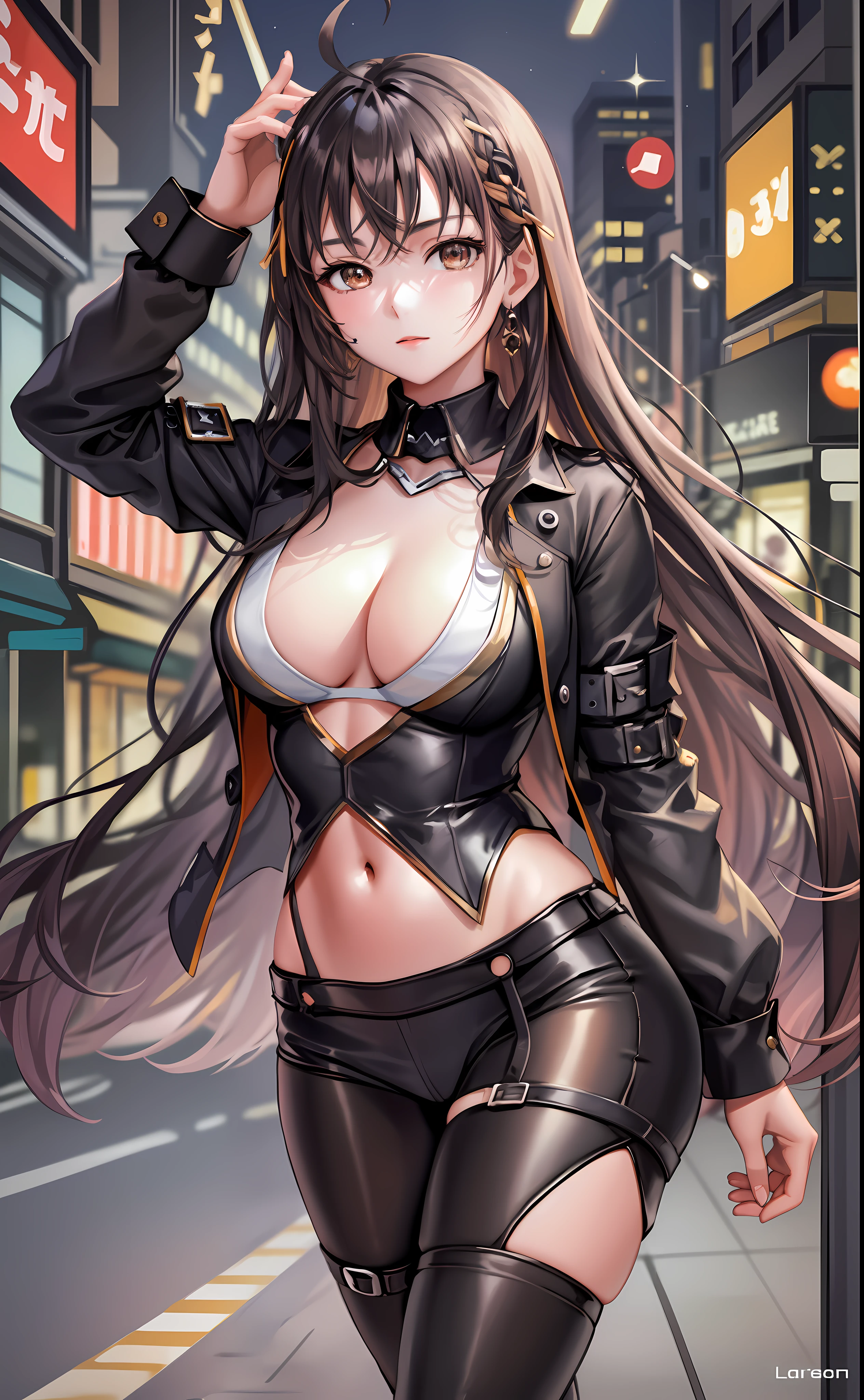 ((Masterpiece, highest resolution, highest quality: 1.3)), anime-style, slender beauty, lapi, light brown long hair, beautiful brown eyes depicted in detail, well-formed beautiful face, big, cleavage, authentic skin texture, black Y-shirt, black jacket with S red line, S tight mini skirt, pants, tights, heels, from thighs to head,