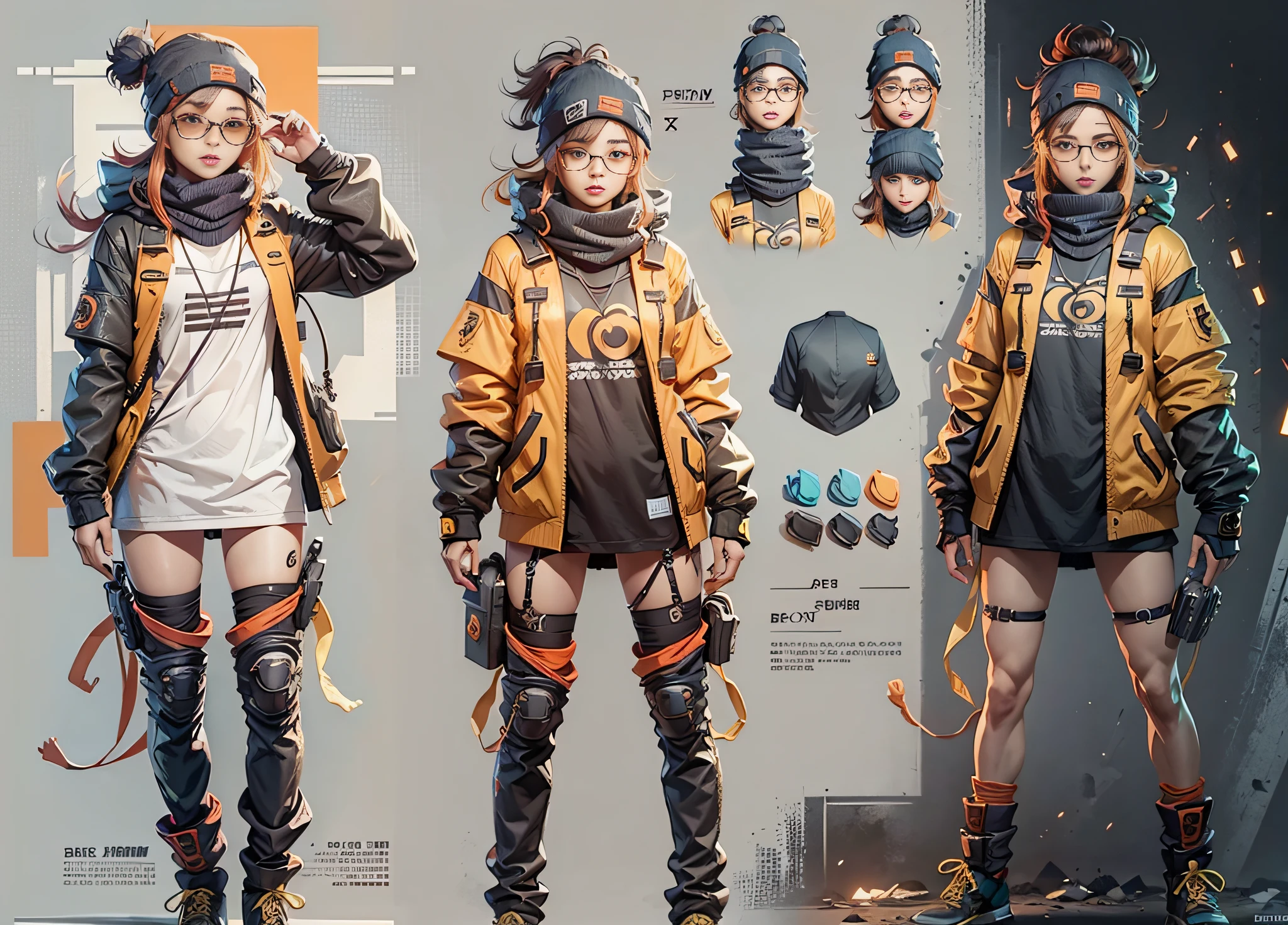 PROMPT:
CHARACTER TURNAROUND
SHEET,THREE-VIEWDRAWING,FULL
BODYSHOT,GAMECHARACTER
DESIGN,BYXIAOFEIYUE,GIRL
WEARING SUNGLASSES AND A
BEANIE,VICTORNIZO∨TSE∨,ORANGE
BACKGROUND,--AR 16:12--STYLE
EXPRESSIVE