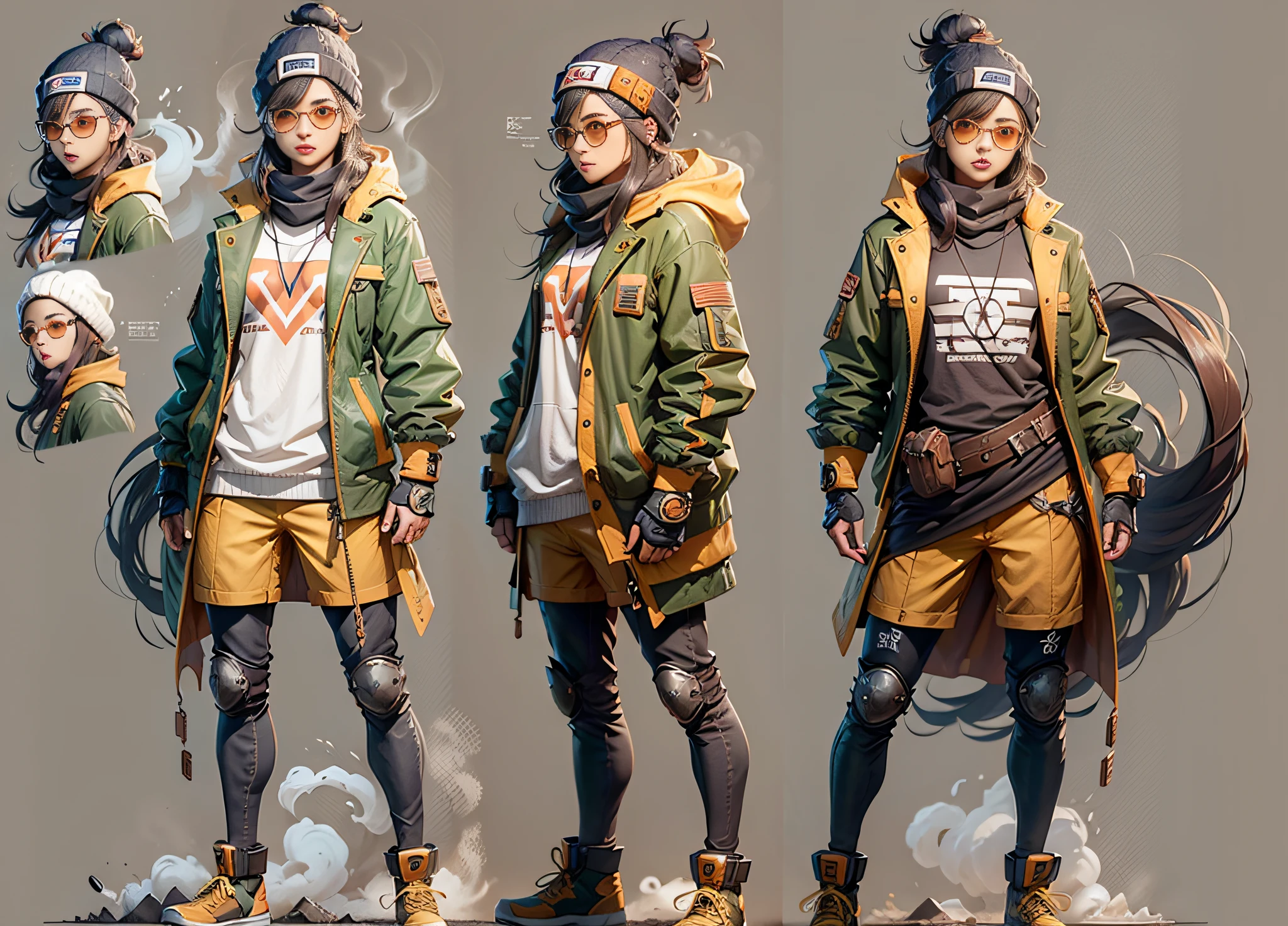PROMPT:
CHARACTER TURNAROUND
SHEET,THREE-VIEWDRAWING,FULL
BODYSHOT,GAMECHARACTER
DESIGN,BYXIAOFEIYUE,GIRL
WEARING SUNGLASSES AND A
BEANIE,VICTORNIZO∨TSE∨,ORANGE
BACKGROUND,--AR 16:12--STYLE
EXPRESSIVE
