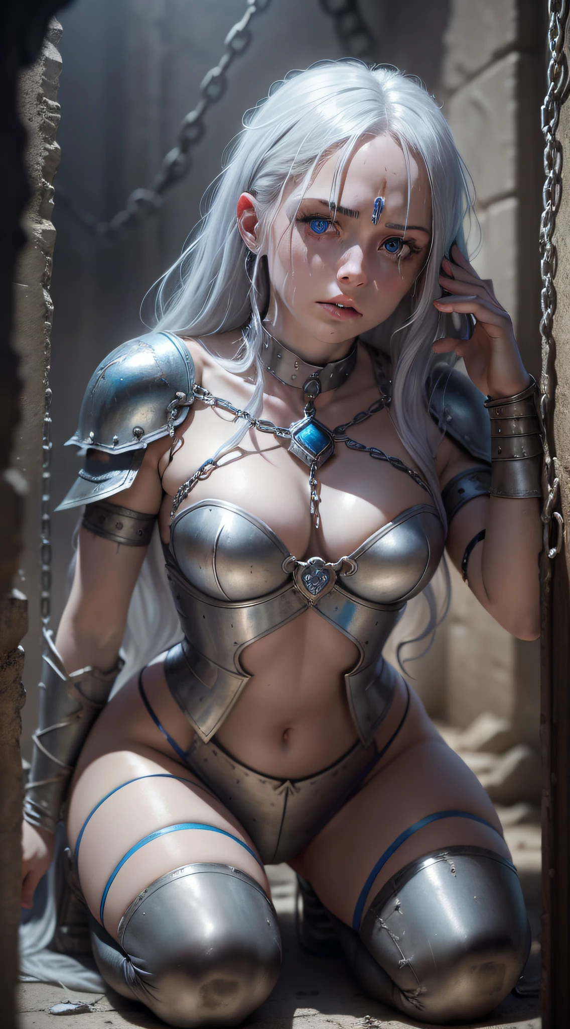 Elara, silver-haired, blue-eyed warrior, warrior princess, imprisoned in a dungeon, dark chains. Dark dirty environment. suffering, tortured. on their knees, sad, high detail, Conceptual art, cinematic lighting, drop shadow, perspective, UHD, masterpiece, anatomically correct, super detail, best quality, 1080P, 8k