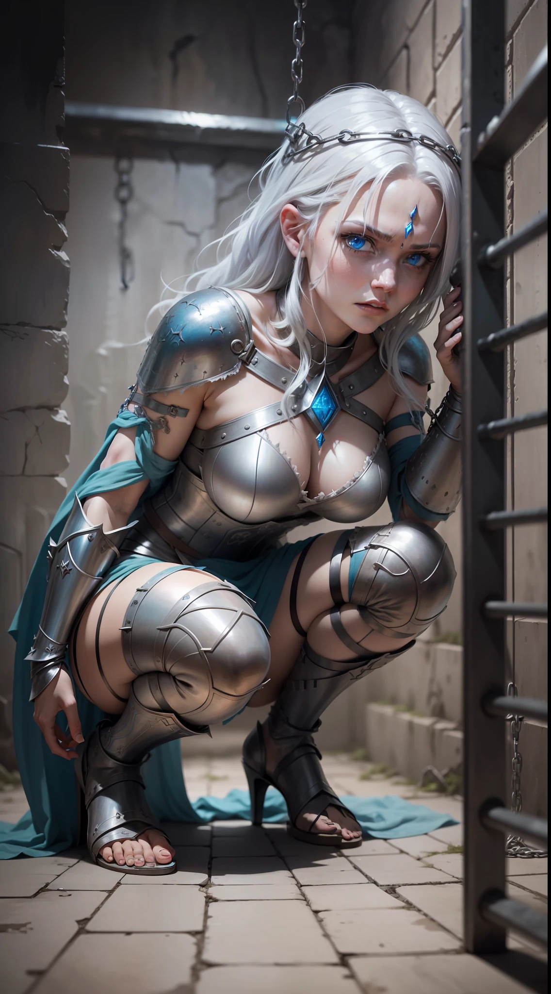 Elara, silver-haired, blue-eyed warrior, warrior princess, imprisoned in a dungeon, dark chains. Dark dirty environment. suffering, tortured. on their knees, sad, high detail, Conceptual art, cinematic lighting, drop shadow, perspective, UHD, masterpiece, anatomically correct, super detail, best quality, 1080P, 8k