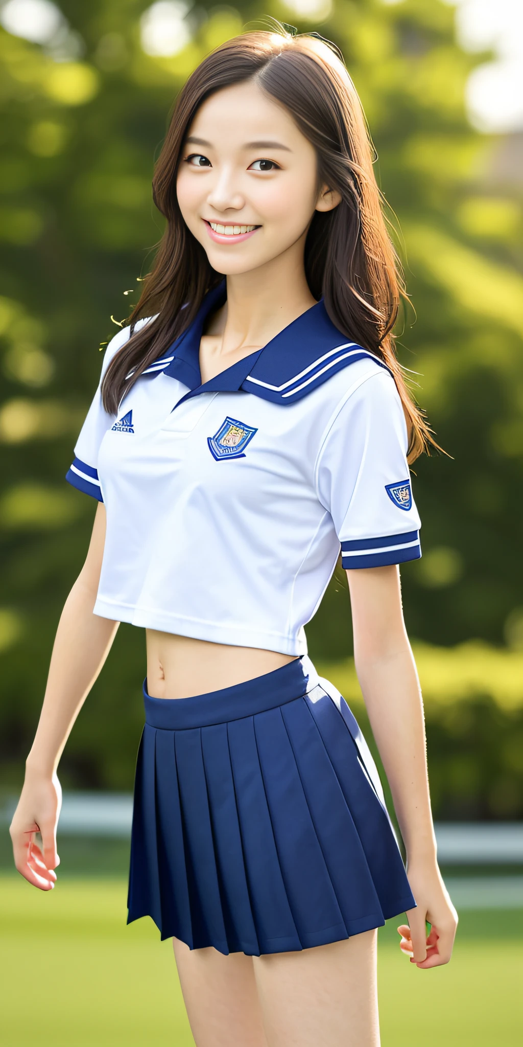 neat college girl, petite person, (school uniform, summer clothes, short sleeves), outside the athletic field, (slim), photorealistic, detail, skin texture, ultra detail, delicate and sexy collarbone, smile, super detailed face, detailed lips, detailed eyes, double eyelids, breast emphasis, navel, constriction