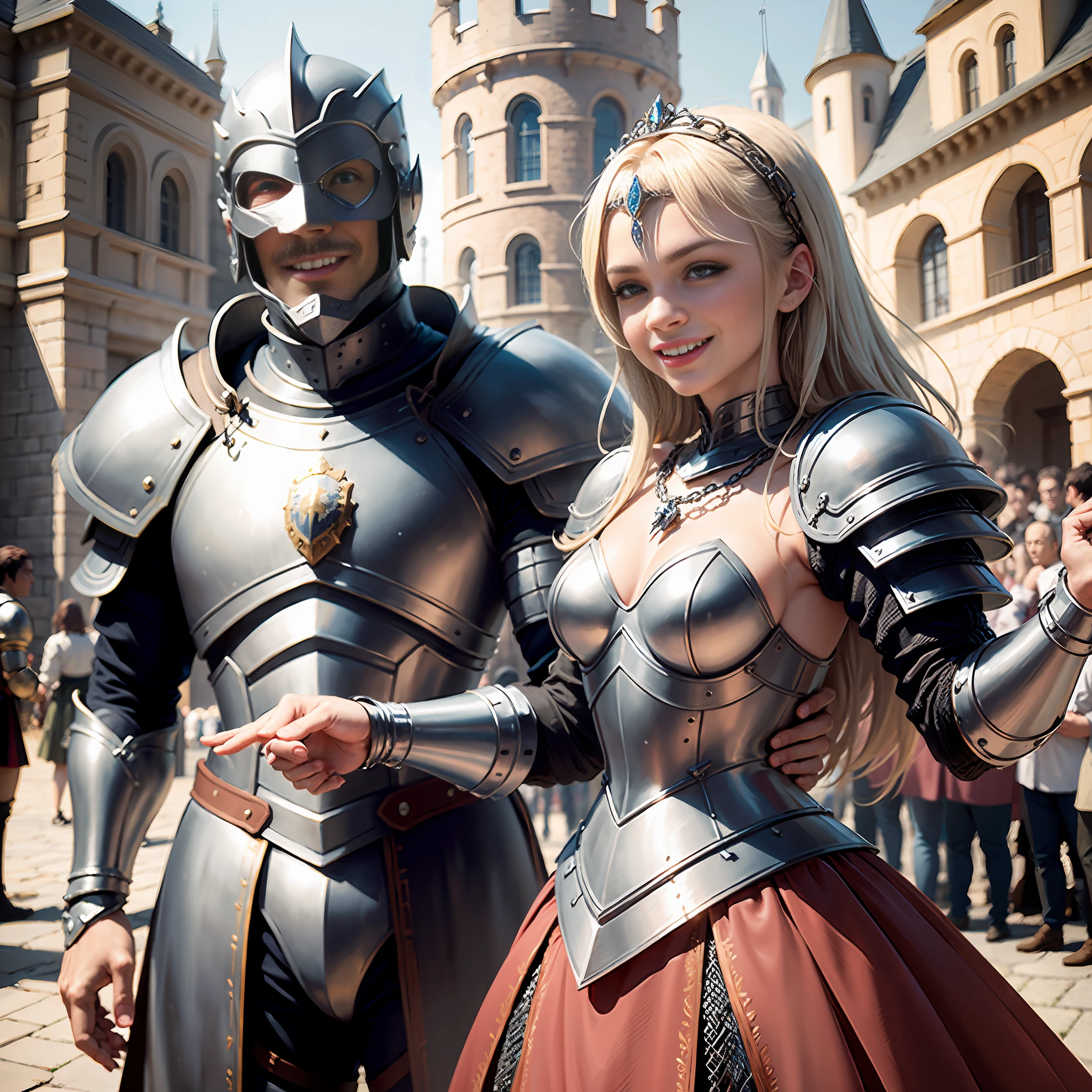(((Medium shot))), couple, (a man and a woman), two individuals, outside the castle, jousting, playful, playful, sweet, happy, smile, armor, chain mail, armor, happy, pretty eyes, playful, surrealism, pov, romanticism, cinematic lighting, 8K, UHD, masterpiece, ccurate, anatomically correct, textured skin, high detail, high quality, high resolution, award-winning, best quality, 16K, bad body, bad hands, bad legs.