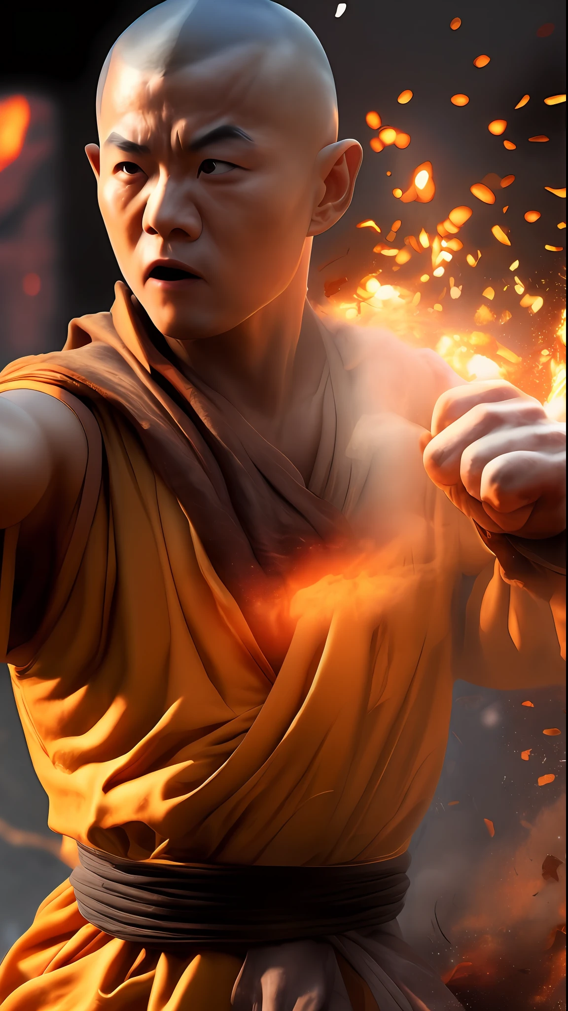 . Shaolin monk hyper - detailed, make a super power fist and destroys the world, cinematic 8k