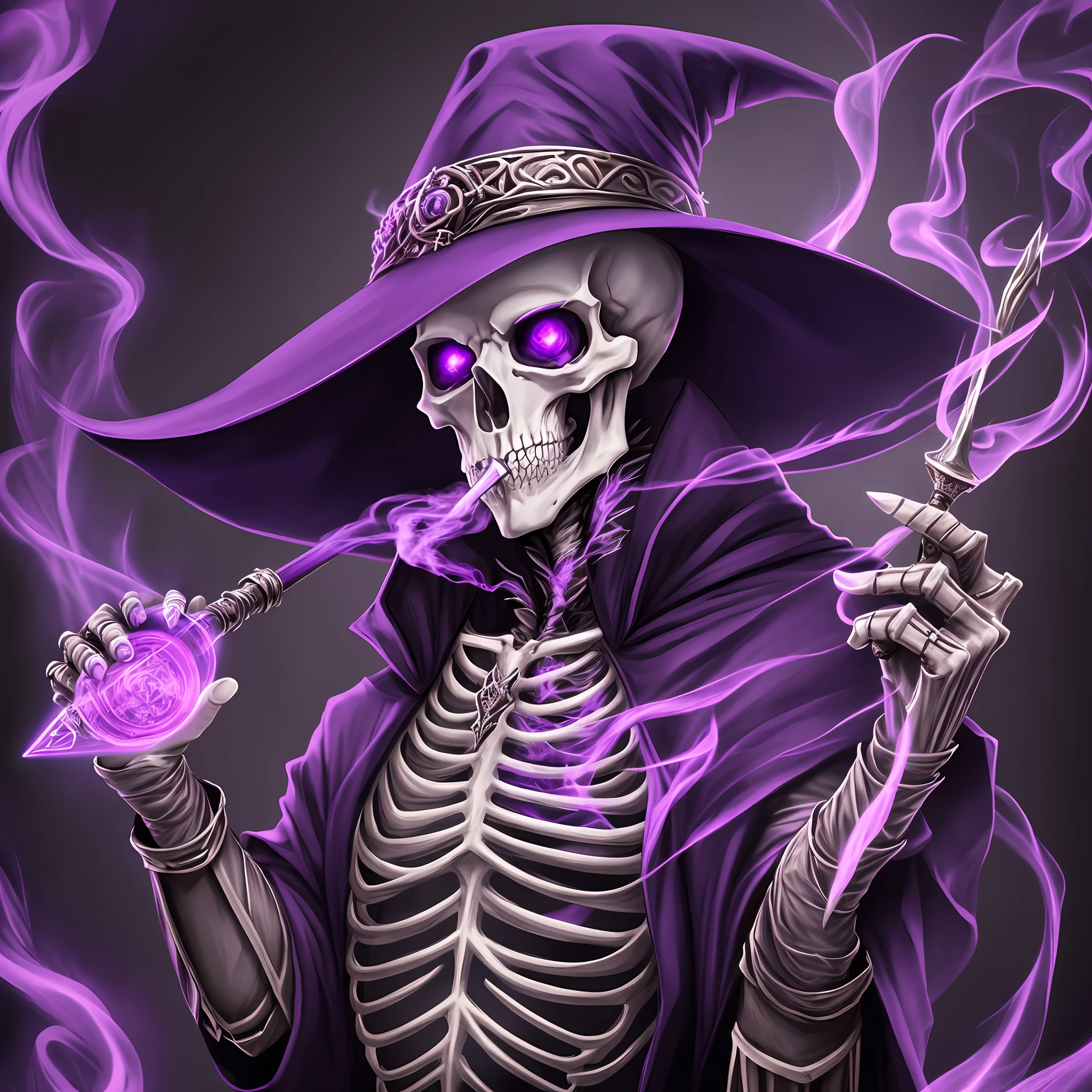 Skeletal, Therin, Hat, Wizard, Necromancy, Purple Effects, Purple Aura, Purple Pupil, Smoking a Pipe, 8k, Ultra Quality, Masterpiece, Medieval Fantasy Style, Character RPG --auto --s2