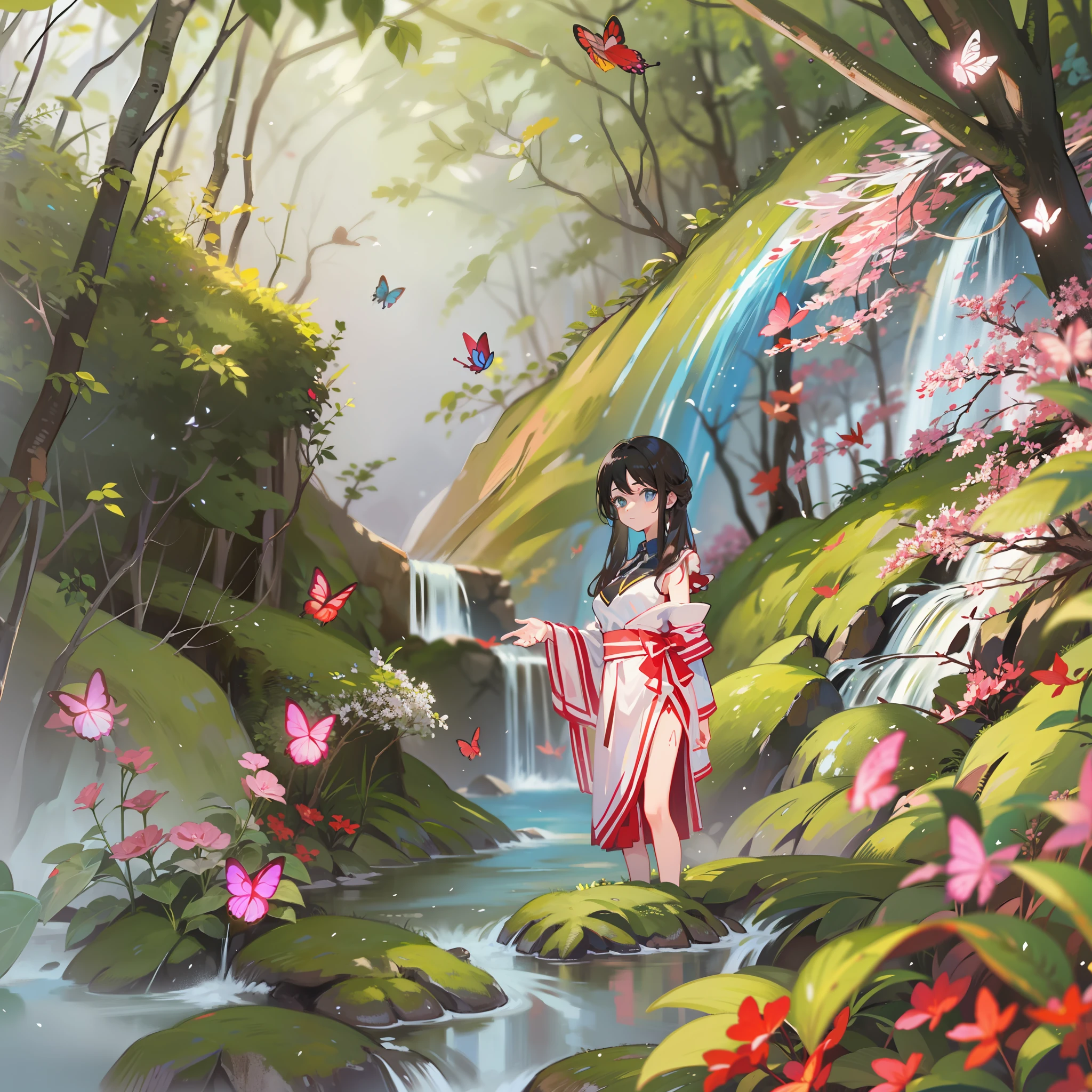 1girl, in a forest, butterflies, waterfall, stream, clearing