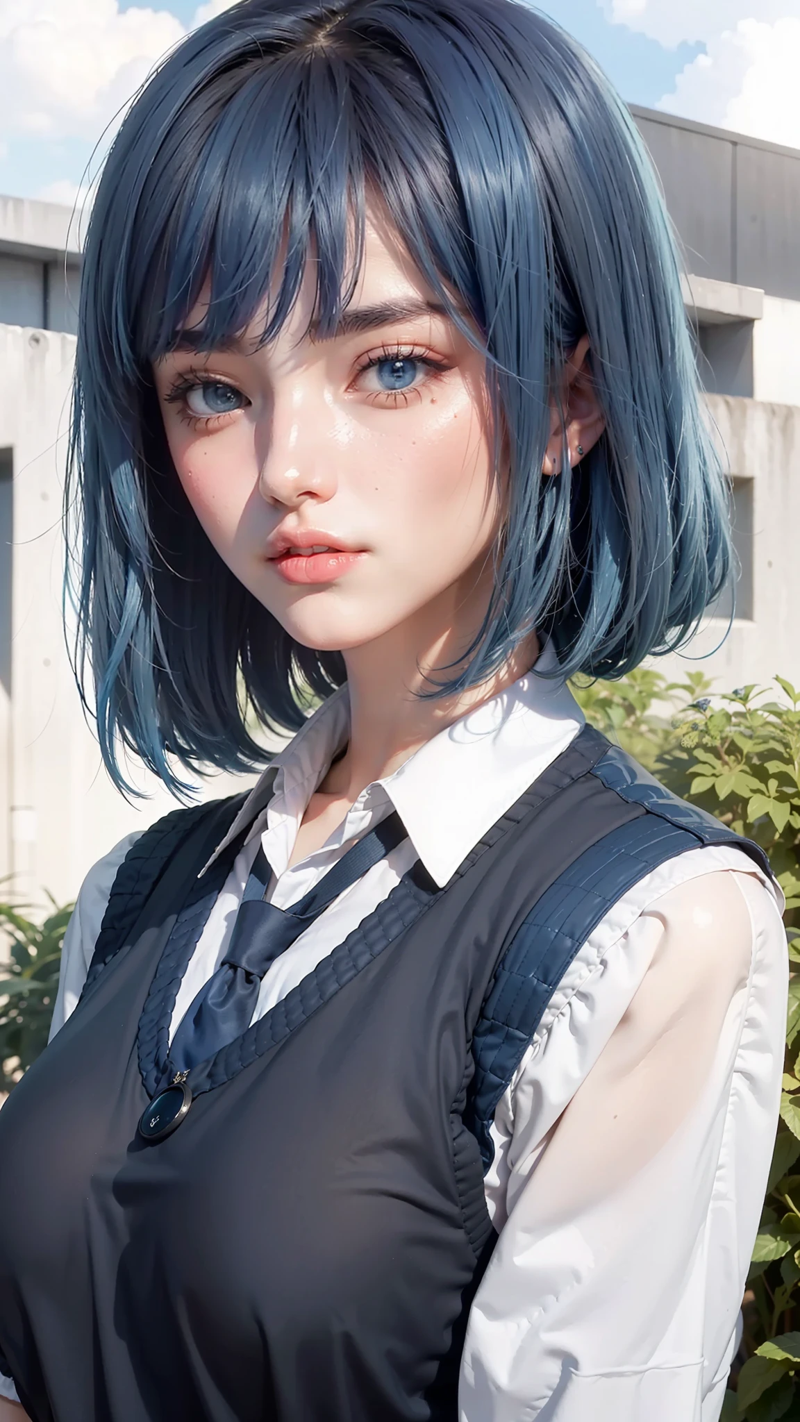 Best quality, masterpiece, big boobs, (large breasts), detailed skin texture, detailed cloth texture, detailed face, super detail, 8k, intricate detail, 1girl, dark blue ombre light blue hair