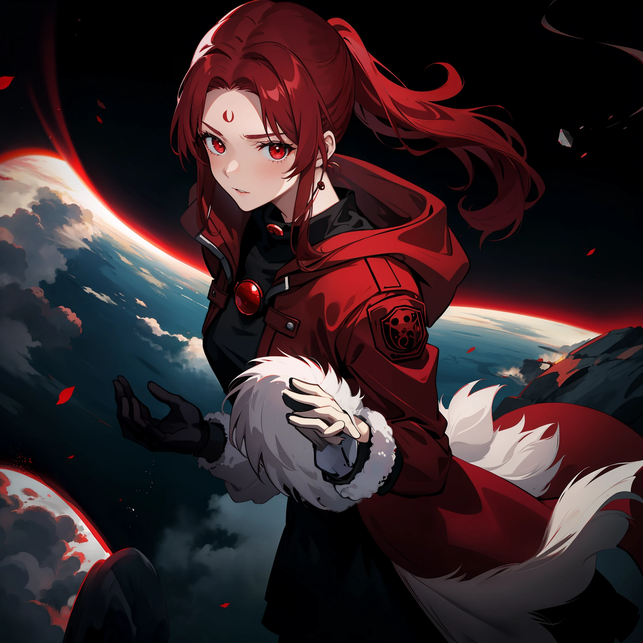 Only 1 girl, red ponytail hair, red eyes, wearing a red coat, beautiful anime girl, holding a blackhole