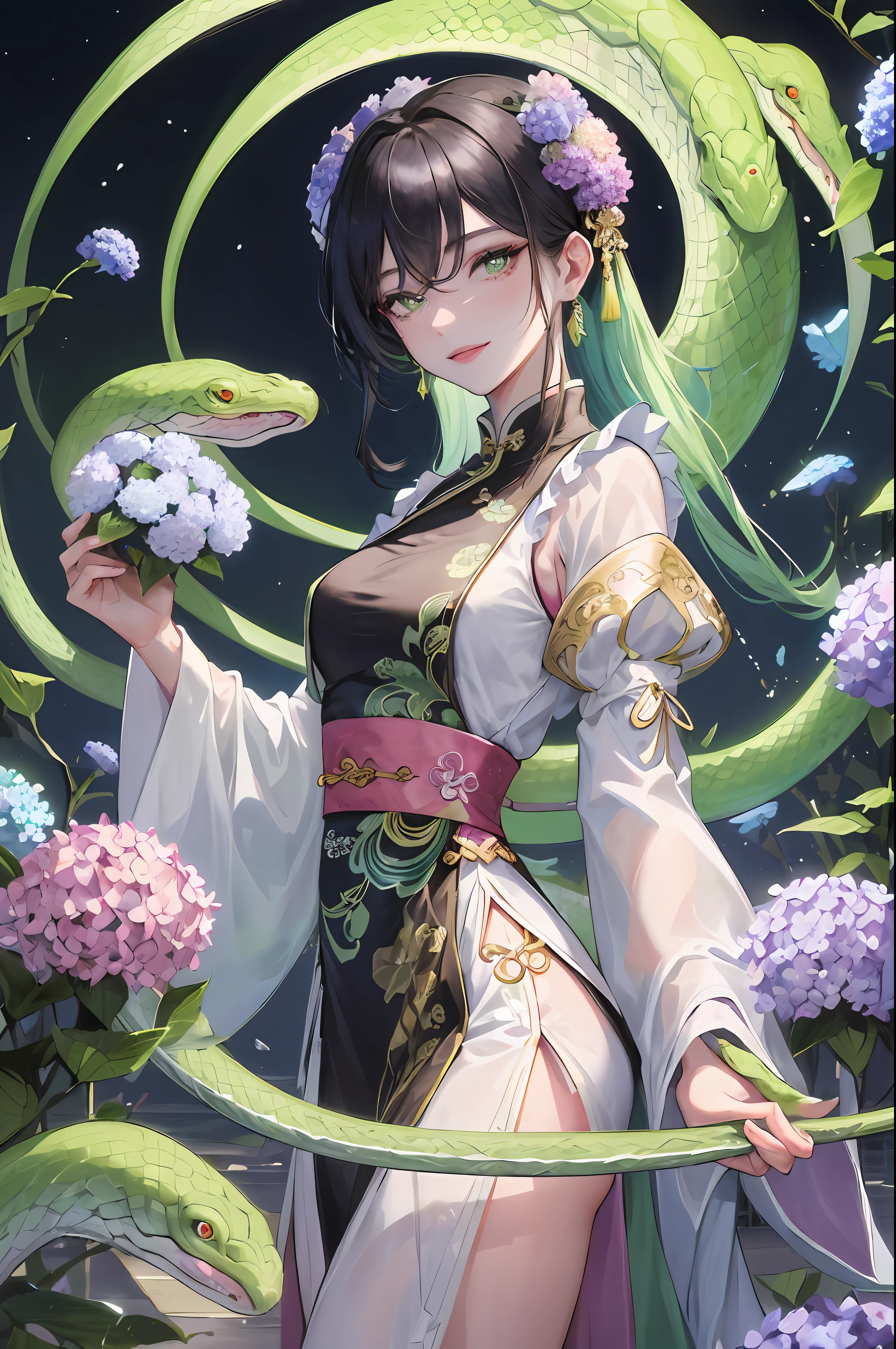 Masterpiece, Superb Eye, Full Moon at Night, 1 Woman, 1 People, Chinese Style, Ancient, Cyan Clothes, Smile, Double Pill Head, Light Pink Lips, Calm, Intellectual, Medium Black Hair, Green Pupils, Hairpins, Hydrangeas, A Green Snake Coiled on His Arm, Green Snake, Snake