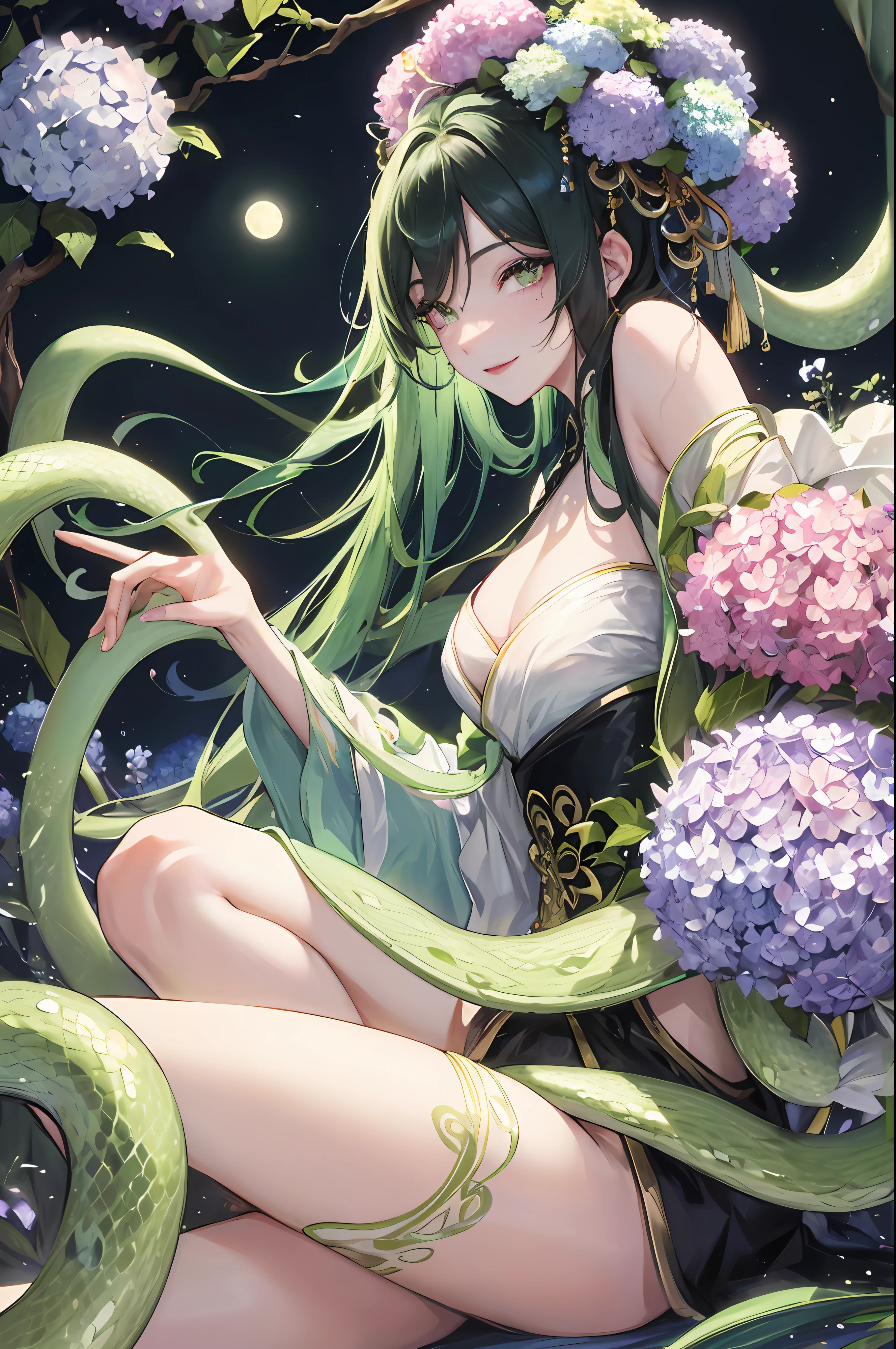 Masterpiece, Superb Eye, Full Moon at Night, 1 Woman, 1 People, Chinese Style, Ancient, Cyan Clothes, Smile, Double Pill Head, Light Pink Lips, Calm, Intellectual, Medium Black Hair, Green Pupils, Hairpins, Hydrangeas, A Green Snake Coiled on His Arm, Green Snake, Snake