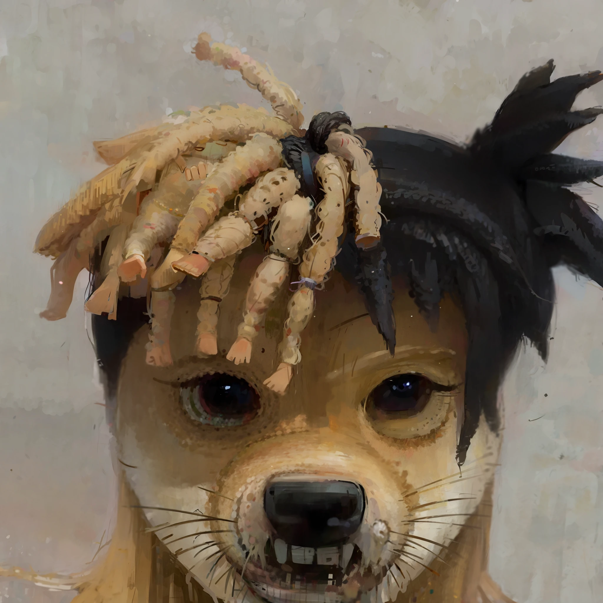 arafly dressed dog with dreadlocks and a fake hairdo, xxxtentacion, japanese dog, animal style head, paws on head, lots of dreadlocks on the head, as a fortnite character, looking heckin cool and stylish, made out of wool, spaghetti hair, as an anime character, in style of tyler mitchell, dog head, trippie redd