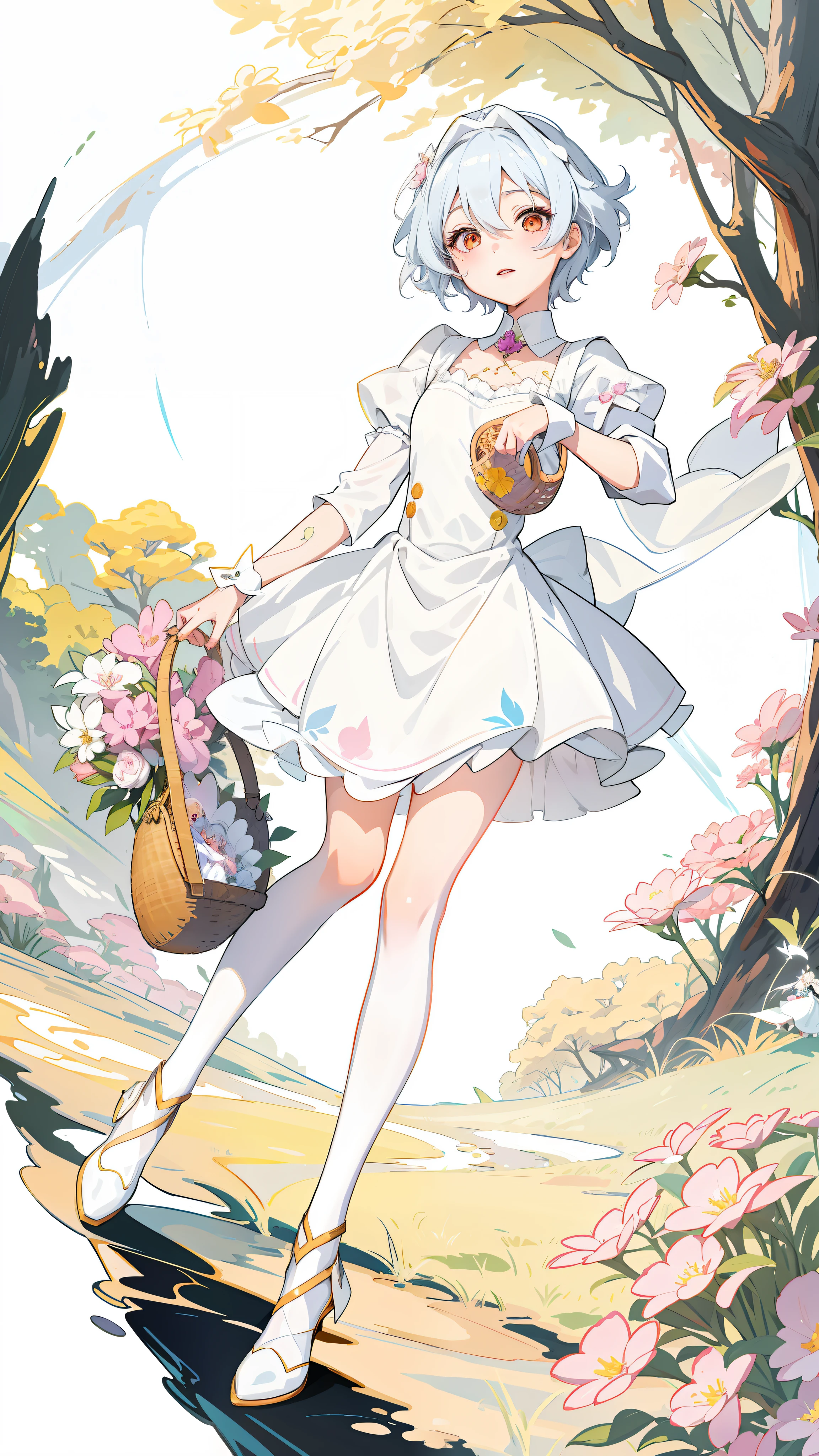 anime girl in white dress holding a basket of flowers, loli in dress, lolish, a maid in a magical forest, guweiz, pixiv style, official art, anime full body illustration, portrait of magical girl, the non-binary deity of spring, anime illustration, zerochan art, shoujo manga character design