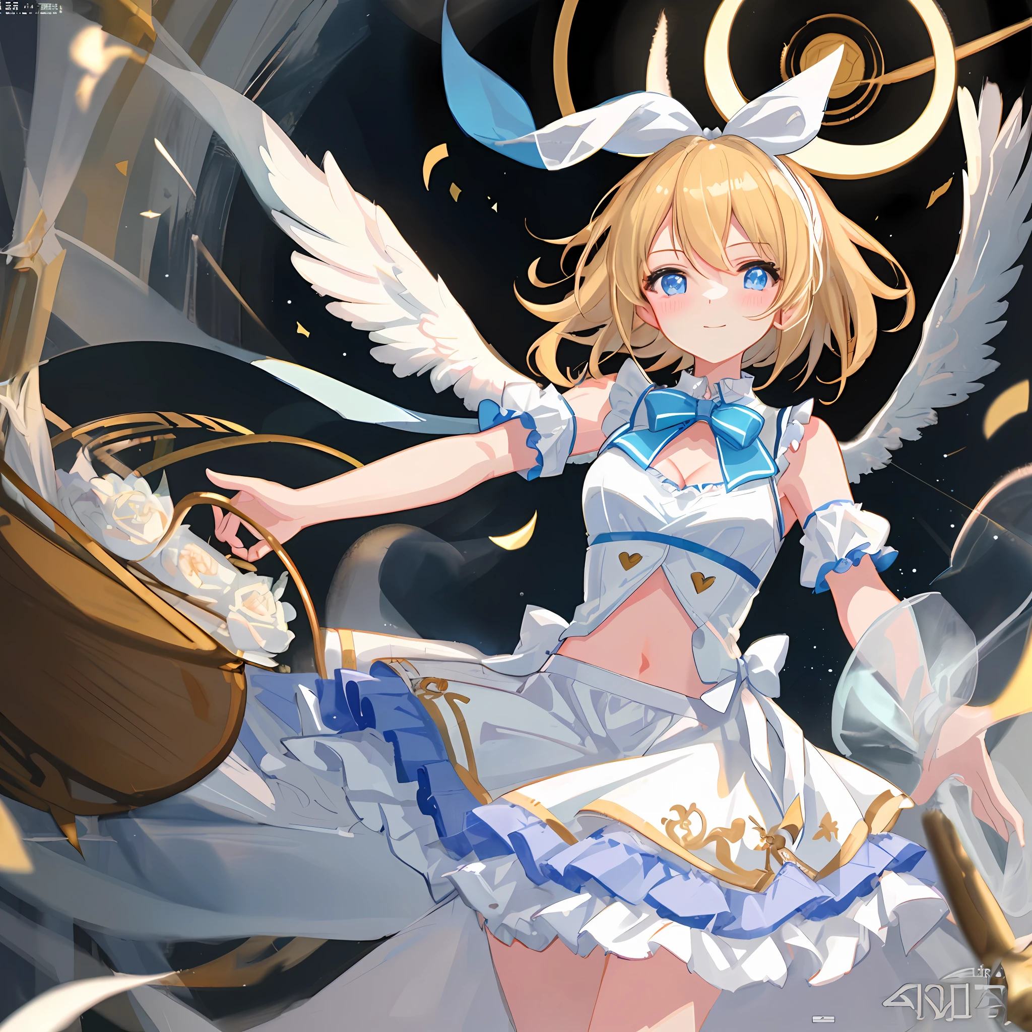 (((Masterpiece)))), (((Best Quality)))), (Illustration)))), (Ultra Detail)), (High Definition)))), One Girl, (Rin Kagamine), (Blush), (Embarrassing)), Cowboy Shot, Look Viewer, (White Bikini), Cute, Medium, Popular on pixiv, Loli, Beautiful Girl Anime Style, Buruaka Style, See-through, Cleavage, Most Popular on pixiv, Angel, Sleeveless, Navel visible, Innocent face, Pure white wings on the back, Character center, Circle of angels, One Girl, Official Fan Art, pixiv masterpiece, Smile, pixiv Top Rating, Lover's POW, Incredibly cute, Adorable, Precious, Adorable, Curvaceous, Attractive girl, White ribbon on head, I want to protect, Arouse possessiveness, Clear light blue eyes, Delicate hands, Very beautiful face, Approaching the subject, Sweet gesture, Heart in background, Short hair, Bright eyes, Love love, Date with viewer, Blonde, Idol-class beautiful girl, Fluffy white bed, Co-sleeping, Lying on your back, Lying down, Hugging gesture, Reaching for me, Bedroom, Best moment, I want to hug you, White Neeso, I don't want to give it to anyone, Devilish charm