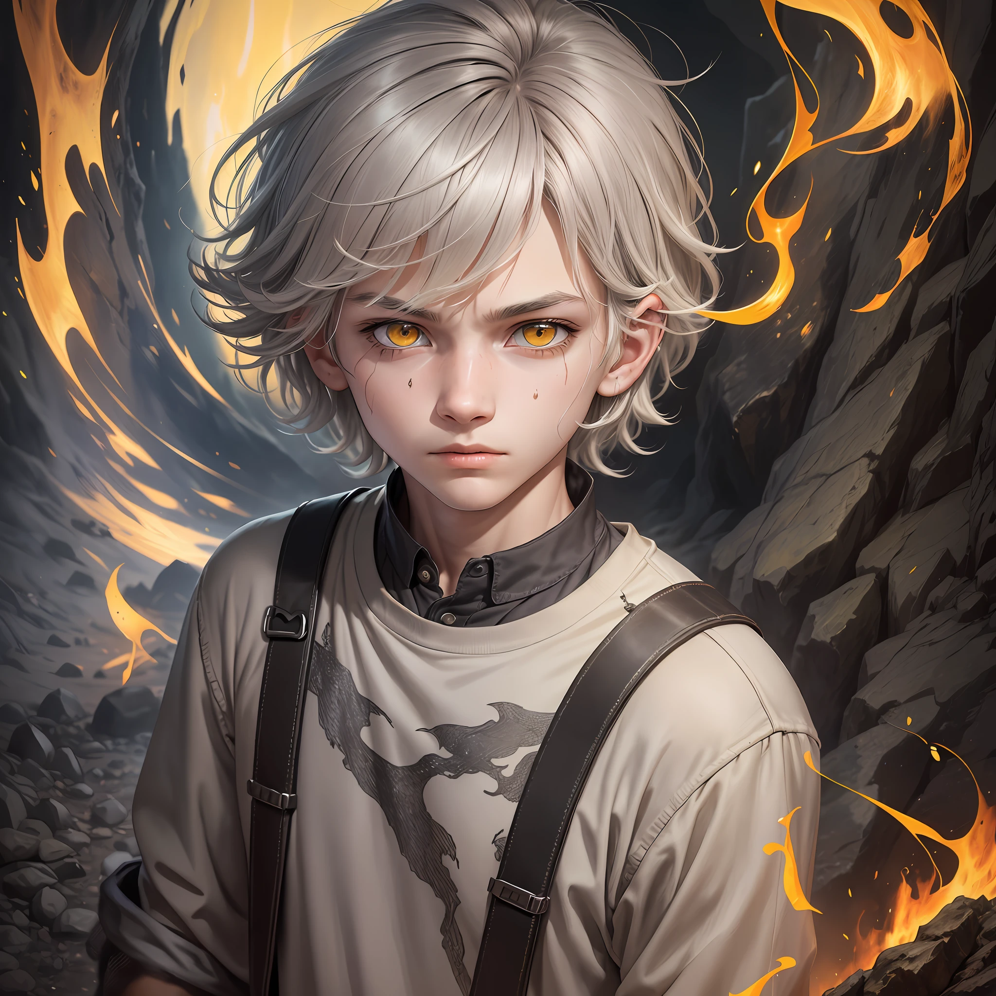 Drawing, fantasy, realism, detailing, -yeld gulight gray hair, (hair detailing), frightened yellow eyes, (eye detailing), in a charred shirt and trousers (detailing clothes), holding fire, cave (environment detailing), 8kk