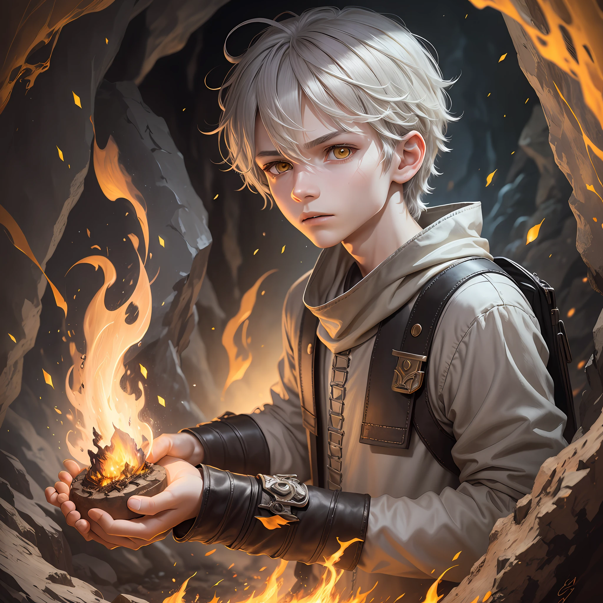 Drawing, fantasy, realism, detailing, 12-year-old guy, light gray hair, (hair detailing), frightened yellow eyes, (eye detailing), in a charred shirt and trousers (detailing clothes), holding fire, cave (environment detailing), 8kk