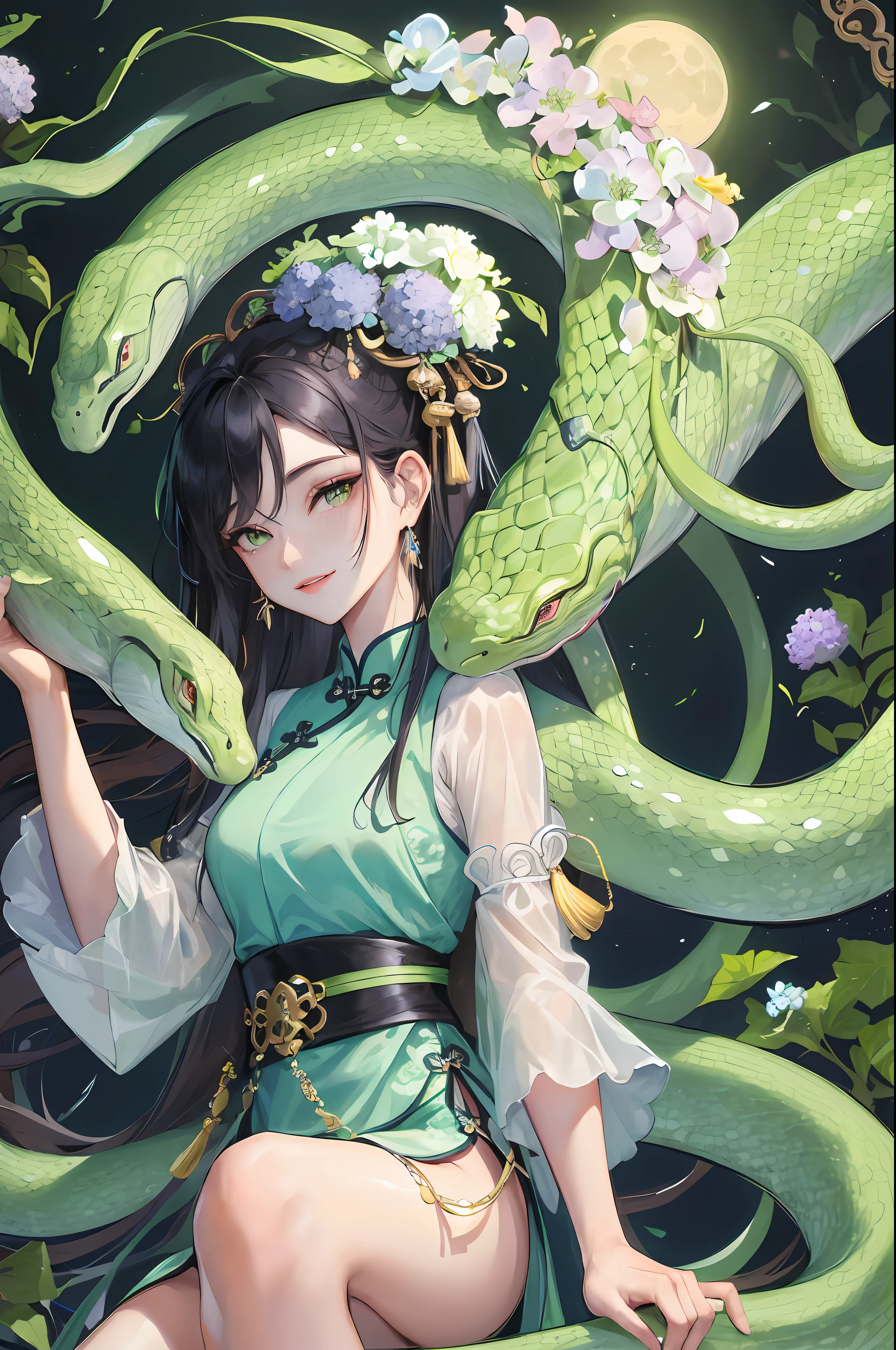 Masterpiece, Superb Eye, Full Moon at Night, 1 Woman, 1 People, Chinese Style, Ancient, Cyan Clothes, Smile, Double Pill Head, Light Pink Lips, Calm, Intellectual, Medium Black Hair, Green Pupils, Hairpins, Hydrangeas, A Green Snake Coiled on His Arm, Green Snake, Snake