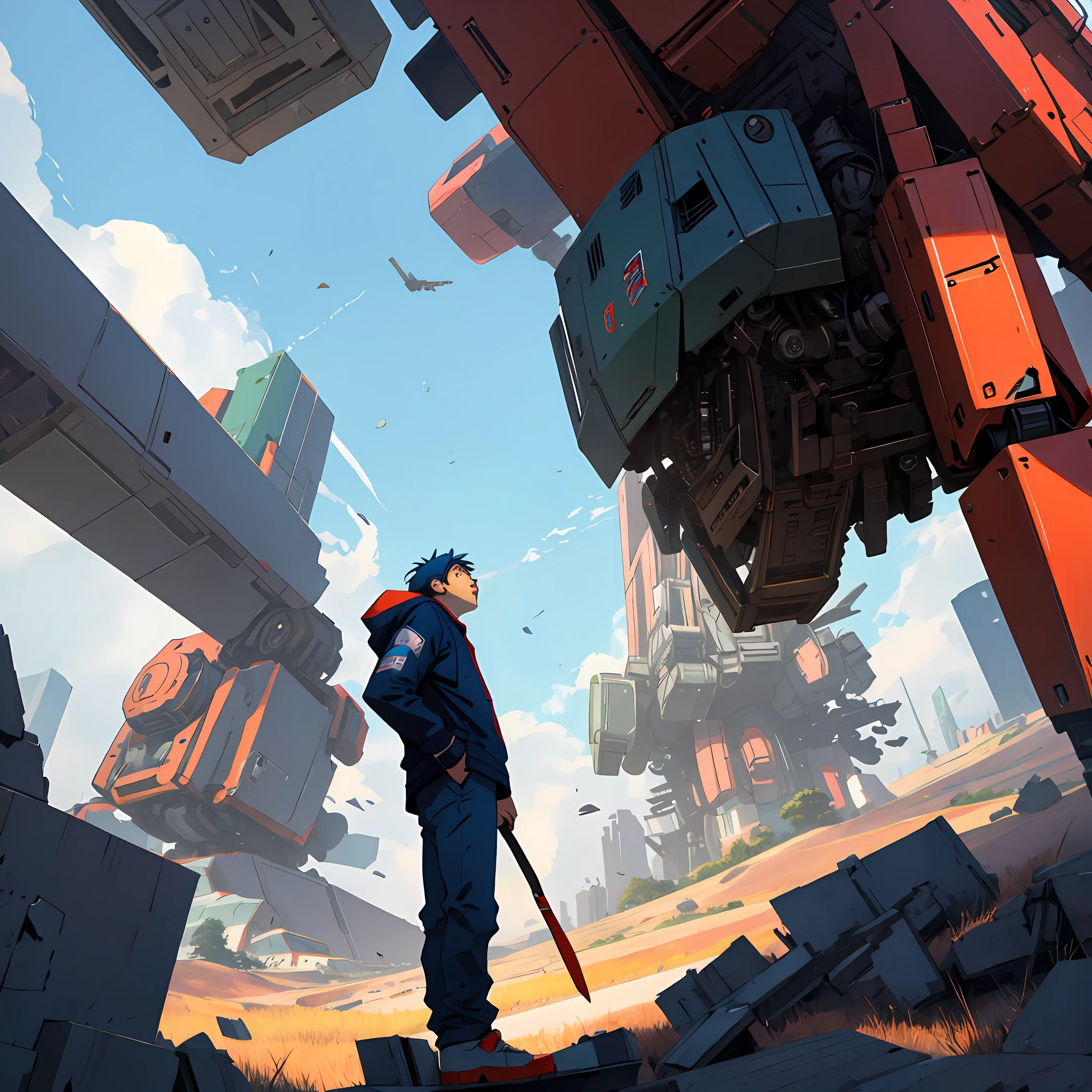 Character looking up at the sky and seeing a giant broken robot falling