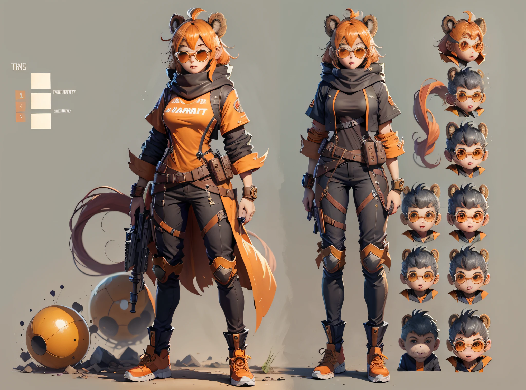 PROMPT: CHARACTER TURNAROUND SHEET,THREE-VIEWDRAWING,FULL BODYSHOT,GAMECHARACTER DESIGN,BYXIAOFEIYUE,GIRL WEARING SUNGLASSES monkey,sunwukong,ORANGE BACKGROUND,--AR 16:12--STYLE EXPRESSIVE