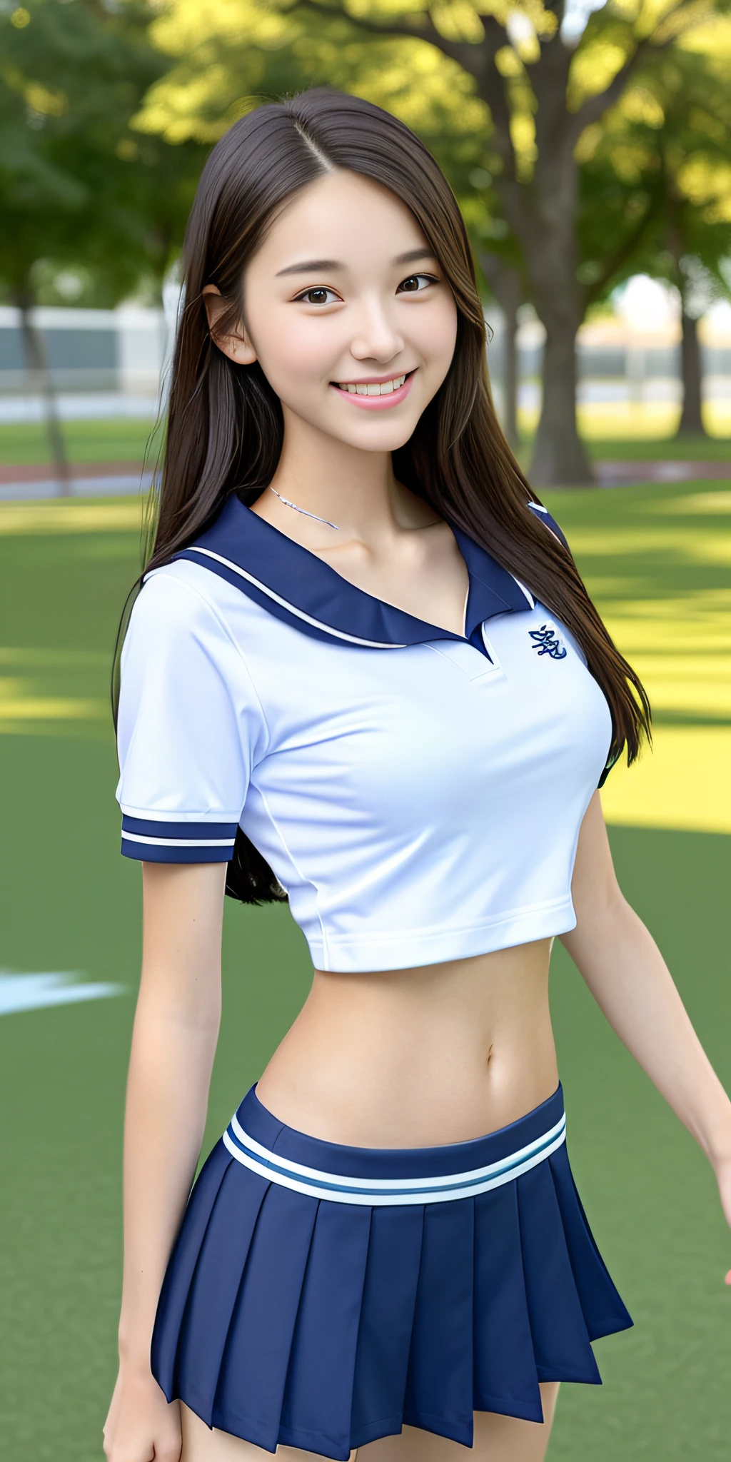 neat college girl, petite, (school uniform, summer clothes, short sleeves), outside the athletic field, (slim), photorealistic, detail, skin texture, ultra detail, delicate sexy collarbone, smile, super detailed face, detailed lips, detailed eyes, breast enhancement, waist thin