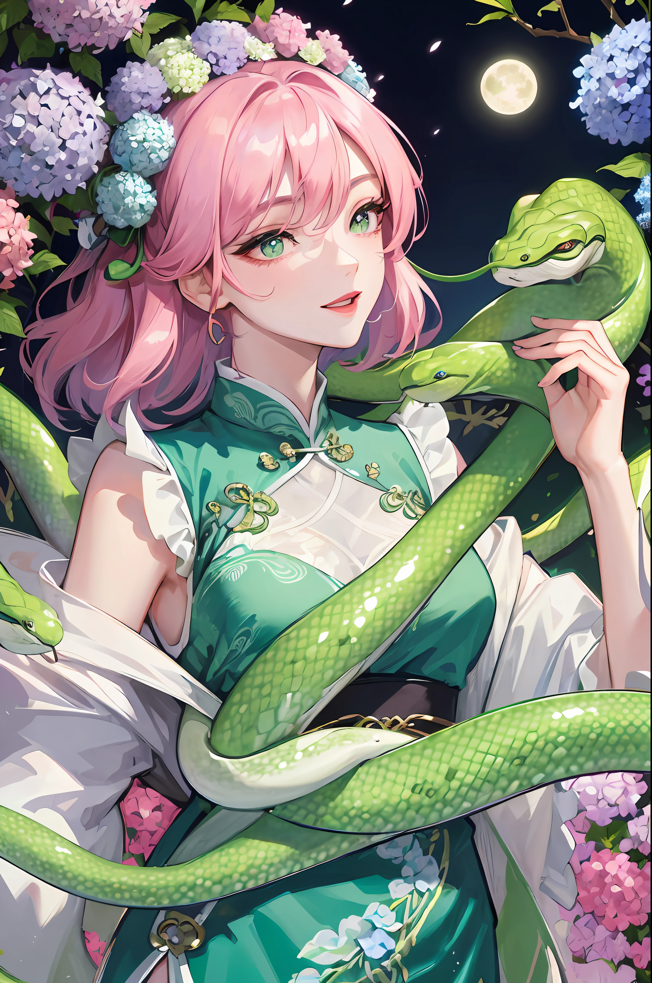 Masterpiece, Superb Night, Full Moon, 1 Woman, Chinese Style, Ancient, Cyan Clothes, Smile, Double Ball Head, Light Pink Lips, Calm, Intellectual, Medium Hair, Green Pupils, Hairpins, Hydrangeas, A Green Snake Coiled on the Arm, Green Snake, Snake