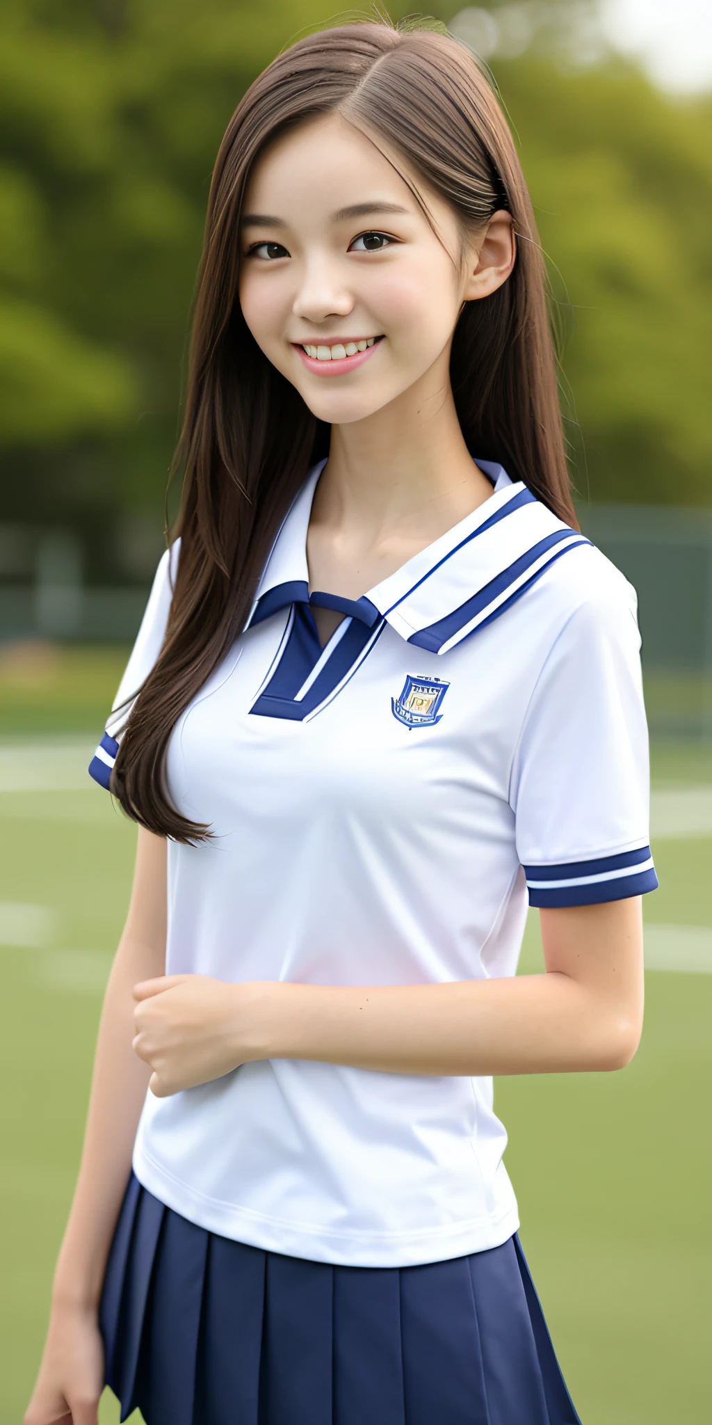 neat college girl, petite, (school uniform, summer clothes, short sleeves), outside the athletic field, (slim), photorealistic, detail, skin texture, ultra detail, delicate sexy collarbone, smile, super detailed face, detailed lips, detailed eyes, breast enhancement, waist thin