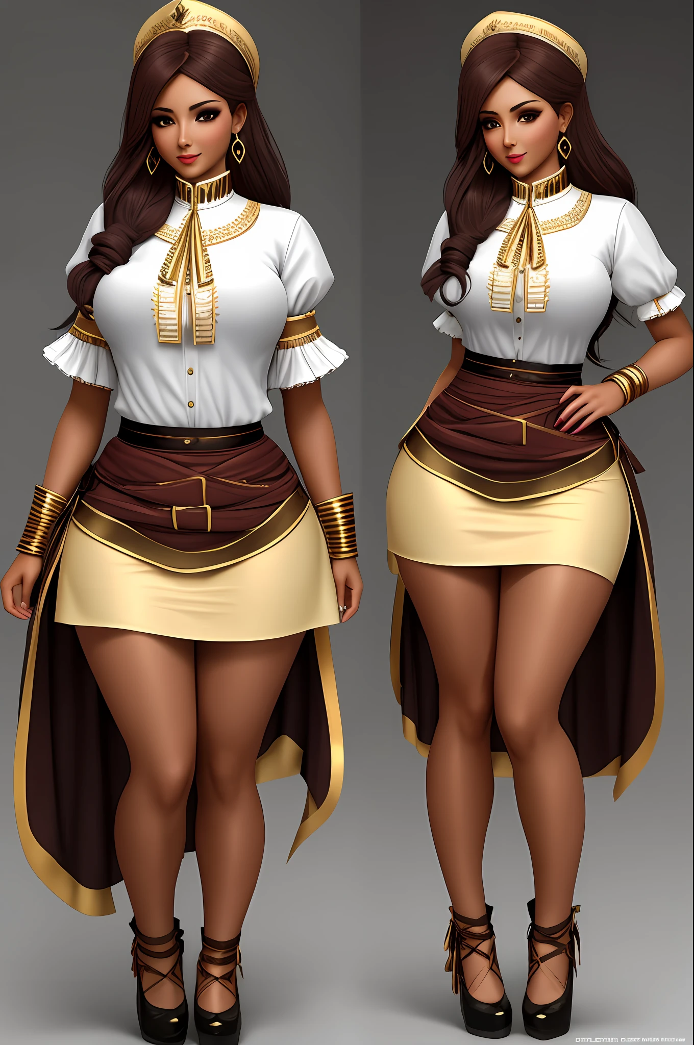 Create a beautiful mummy woman (best quality) with thick legs and big butt (super detail), with blouse and skirt completely torn