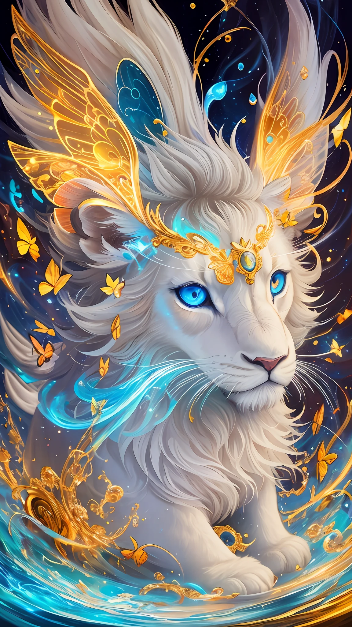splash art,  luminism, fantasy acrylic, digital painting , a  close up little  cute  magic chibi   fantasy white color lion dog in bed,  flowers,  butterflies, sparks, magic  creature made of colors, big reflective eyes, splash style of colorful paint, paint dripping, color waves,  close portrait,  color drops, fairytale, dynamic  lighting, artstation, by Peter Mohrbacher, craola, WLOP,  masterpiece, golden  glowing, bubbles, transparent smoke, sunbeams
