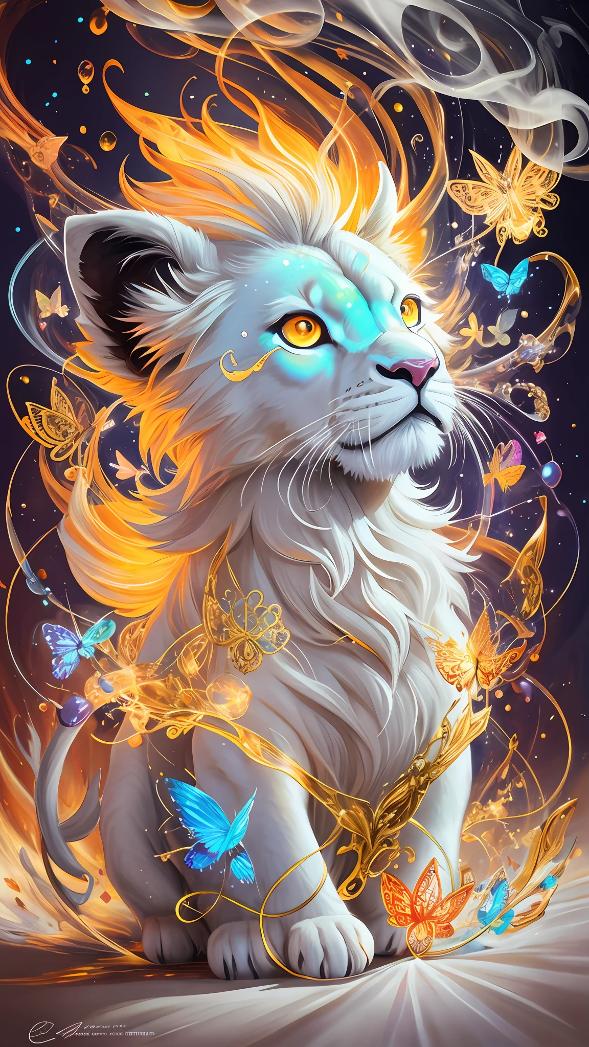 splash art, luminism, fantasy acrylic, digital painting , a close up little cute magic chibi fantasy white color lion dog in bed, flowers, butterflies, sparks, magic creature made of colors, big reflective eyes, splash style of colorful paint, paint dripping, color waves, close portrait, color drops, fairytale, dynamic lighting, artstation, by Peter Mohrbacher, craola, WLOP, masterpiece, golden glowing, bubbles, transparent smoke, sunbeams