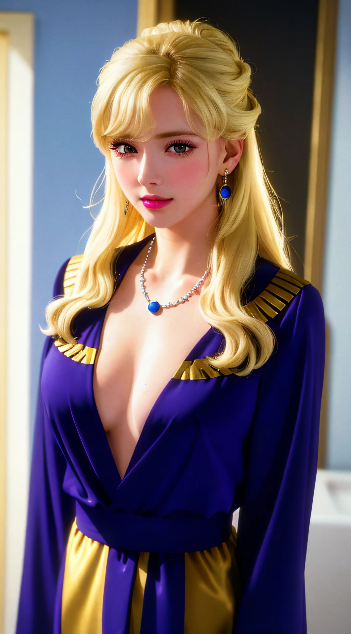 standing inside bathroom, aroused, necklace, earrings, full body, long blonde hair, open blue bathrobe, superb, ultra-high-definition, RAW photo, realism: 1.25), (bright lip gloss, long eyelashes, smooth face, bright skin, natural shadows, wide light, wide light, depth of field, strong colors, subtle caustics: 0.8), (big tits), v6