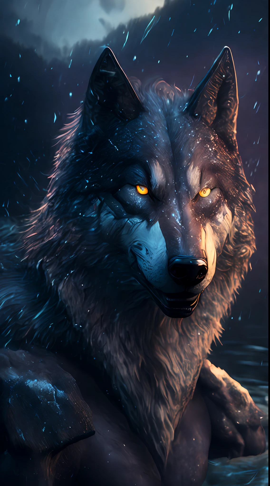 Wolf god, hyper realistic, tension, cold, highly detailed, sharp focus, professional, 8k UHD, cinematic, dark, violent, outdoor, River, battle, chase, dramatic, vivid, nervous vibe, render, epic, twilight, HDR, album cover, blizzard, lightning, cataclysmic