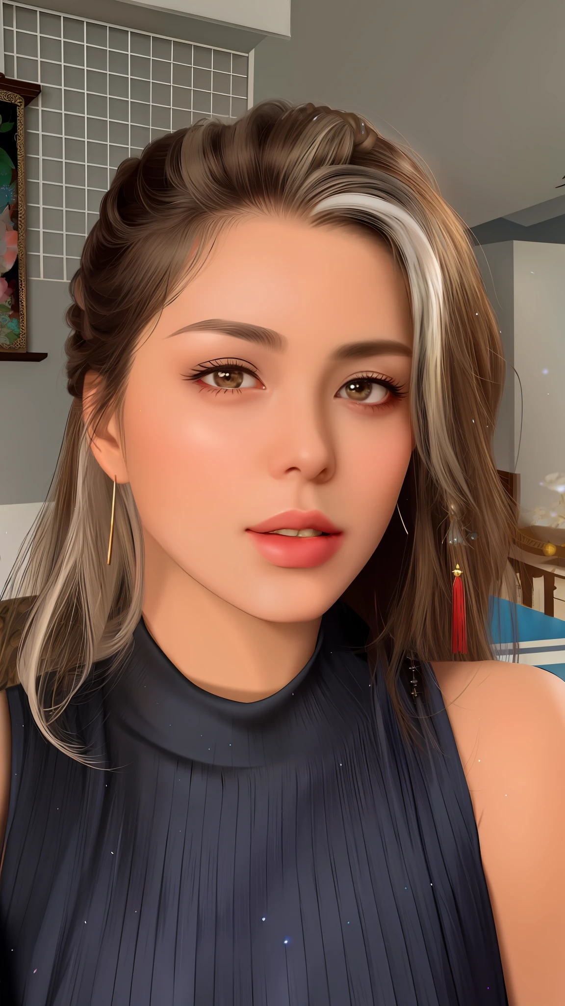 best quality, masterpiece,Upper body, Attic, theatre stage,1 girl, mature woman, chinese style, ancient china, sister, dancer, smile, black hairr, princess cut, a Fried Dough Twists braid, coiled hair, double ball head,streamers, light pink lips, calm, intellectual, red eyes, tassels, silver thread, beads, flowers, gowns, capes, silk skirts, embroidery, fine face, facial close-up, hand close-up,Colorful clothes,Beautiful face,photorealistic, rim lighting, two tone lighting,(high detailed skin:1.2), 8k uhd, dslr, soft lighting, high quality, volumetric lighting, Photograph, high resolution, 4k, 8k, Bokeh