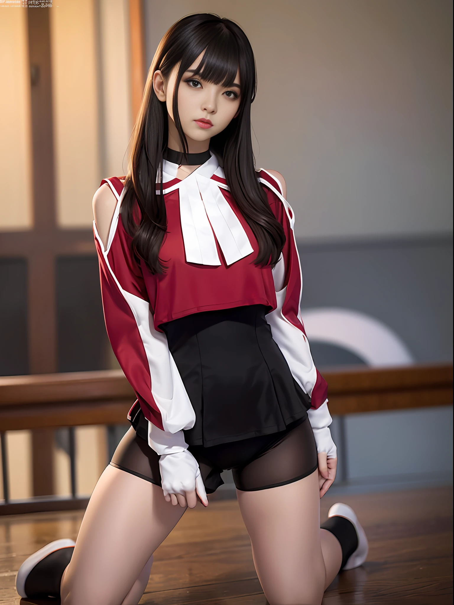 masterpiece, masterpiece, best quality, best quality, real, unity, 8k wallpaper, official art, highly detailed cg unity 8k wallpaper, ulzzang-6500, (original: 1.2), (real: 1.4), mix4, (8k, RAW photo, best quality, masterpiece: 1.27), ((Black spandex shorts that Thigh Length: 1.37)), red ninja suit , Ninja, Skirt, Shorts Under Skirt, lively girl, (Realistic, Photorealistic: 1.37), Photon Mapping, Radiosity, One Girl, Mature, Cool, Professional Lighting, Physically Based Rendering, Whole Side View, Kneeling Posture, Hair Fluttering in the Wind, Blurring Background, Handsome, Masterpiece, Best Quality, High Resolution, Top quality photos, high resolution, 1080p, (delicate skin), (clear face), (detailed facial description), (detailed hand description), (masterpiece), (elaborate CG), (detailed facial features), (highest quality photo), (masterpiece), (detailed eyes),((Black spandex shorts that Thigh Length:1.37)), simple costume, Sailor Senshi uniform, white gloves , red sailor collar, red skirt, star choker, elbow gloves, pleated skirt,