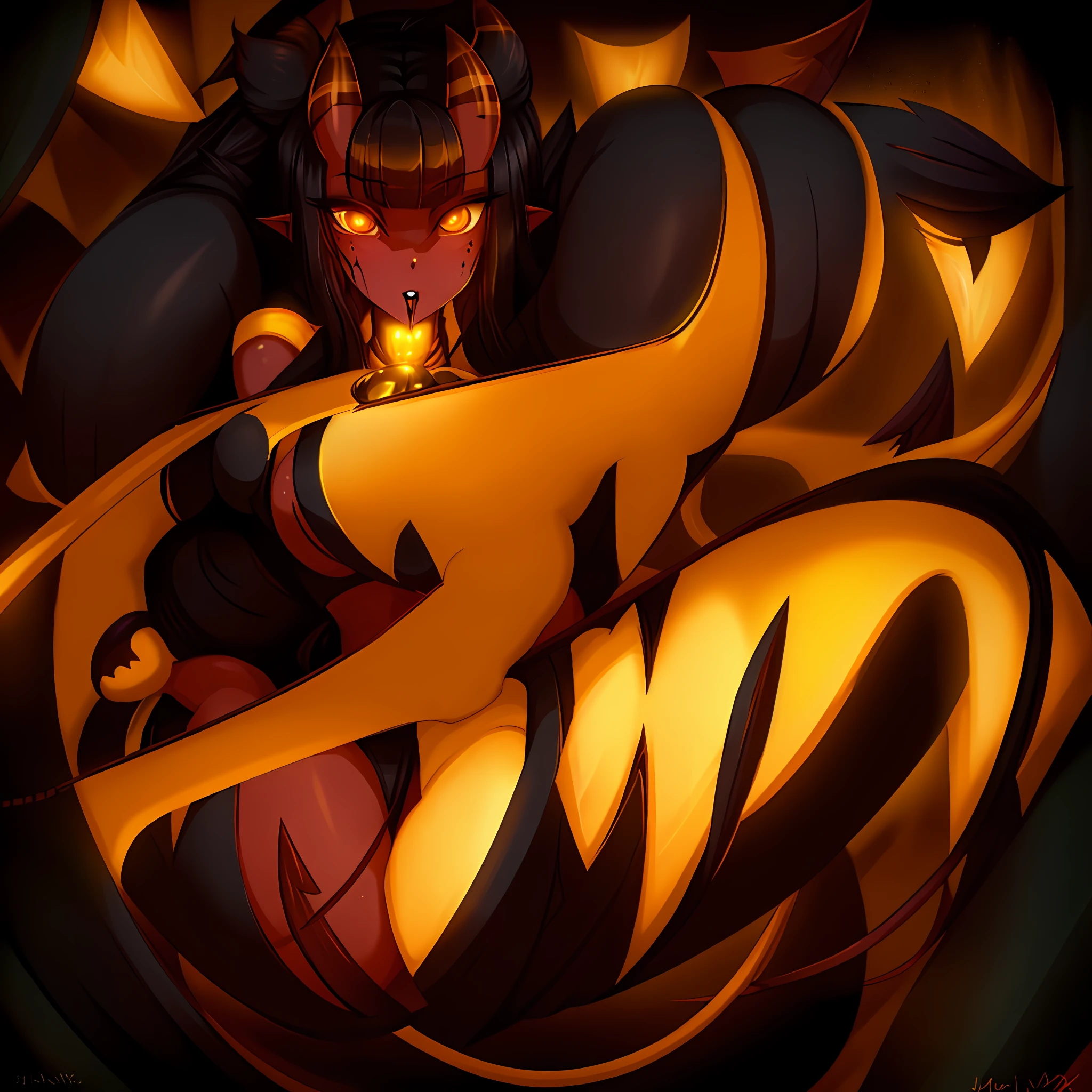 Woman, strong, succubus, black hair, yellow eyes, big body, dark feather, small horn