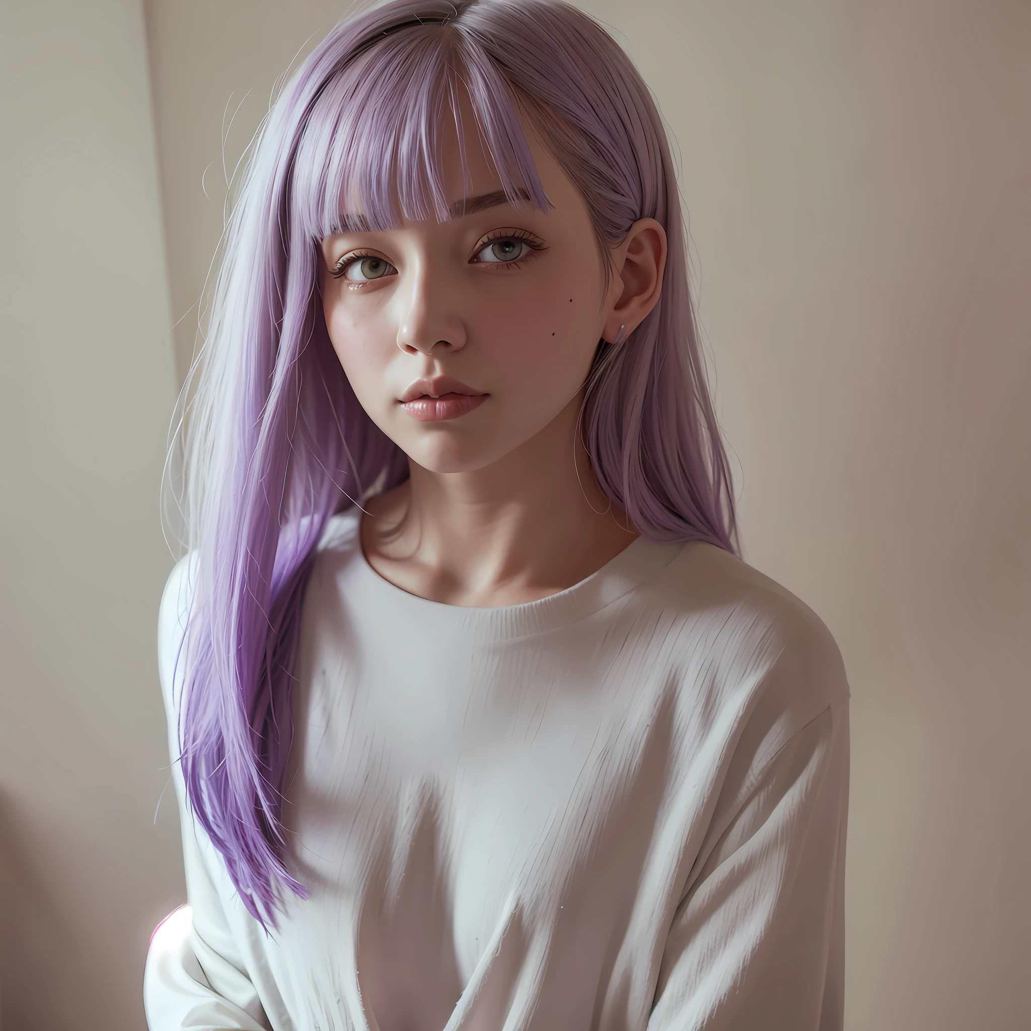 Ala Fed woman with purple hair and white shirt in front of wall of da Vinci notes, Japan woman, 20 year old woman, 20 year old woman in Japan, soft portrait shot 8k, color portrait, portrait of woman purple hair, 8k portrait rendering, girl with lilac hair, short gray hair, white princess cut hairstyle, realism style, portrait of young woman, lavender hair, color photo portrait 4k, intelligent girl portrait, high quality, realism, realistic, photography, masterpiece --auto --s2