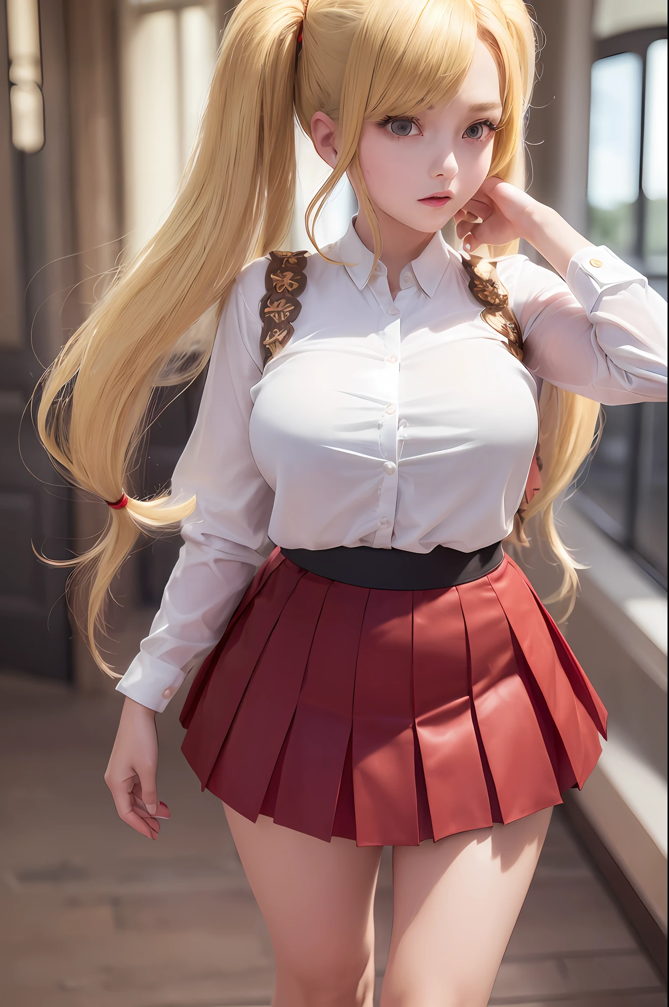 ((full-length photo: 1.5, standing, whole body, feet on the ground, general plan: 1.4)), masterpiece, best quality, super detailed, beautiful detailed face, intricate details, flat color, depth of field, girl, teenager, anime, legs spread wide, looks at the viewer, (village:1), nature, (blonde:1.6), (twintails:1.5), ((red pleated miniskirt, red skirt)), white shirt, white shirt, unbuttoned top buttons,  unbuttoned shirt, white blouse, (without bra:1.1), plunging neckline, black tights, high-heeled shoes, detailed leather texture, detailed fabric texture, huge breasts, (blue eyes:1,2), (ruddy:1)