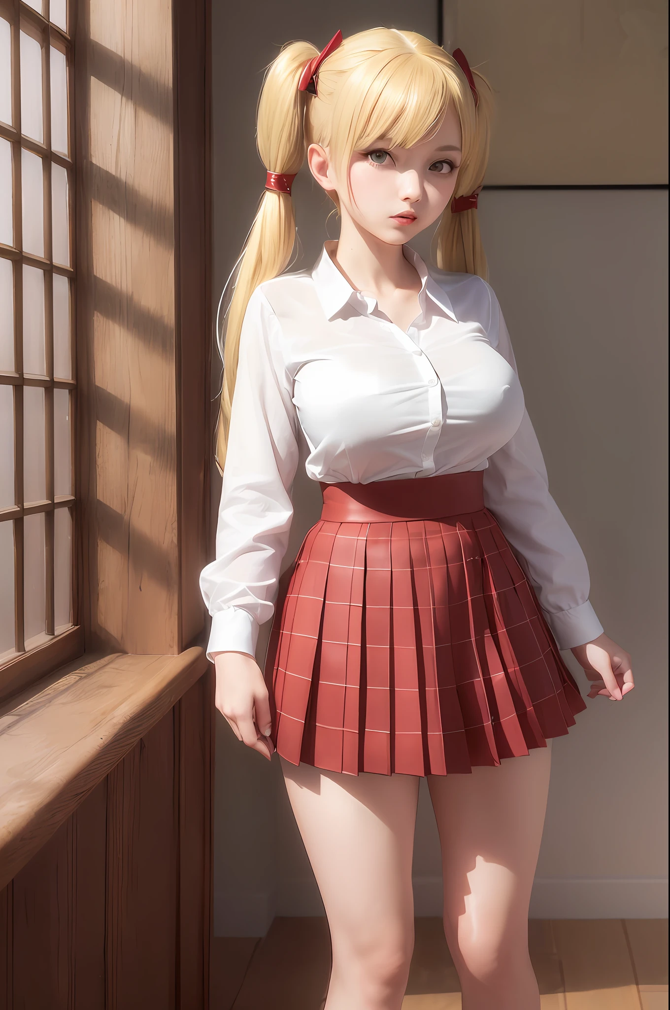 ((full-length photo: 1.5, standing, whole body, feet on the ground, general plan: 1.4)), masterpiece, best quality, super detailed, beautiful detailed face, intricate details, flat color, depth of field, girl, ager, anime, legs spread wide, looks at the viewer, (village:1), nature, (blonde:1.6), (twintails:1.5), ((red pleated miniskirt, red skirt)), white shirt, white shirt, unbuttoned top buttons,  unbuttoned shirt, white blouse, (without bra:1.1), plunging neckline, black tights, high-heeled shoes, detailed leather texture, detailed fabric texture, huge breasts, (blue eyes:1,2), (ruddy:1)