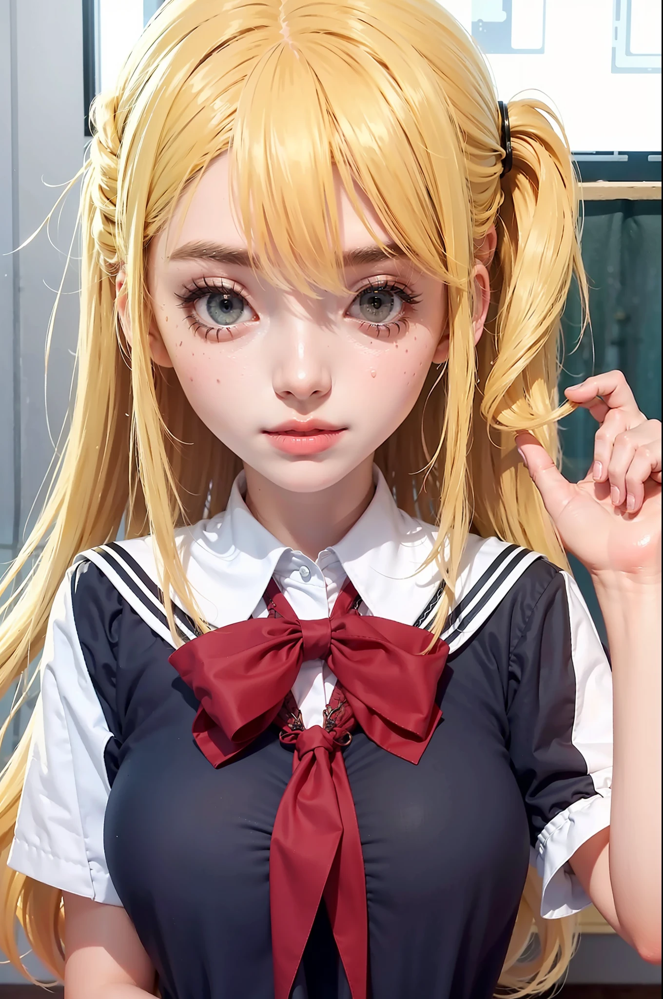 Best quality, masterpiece, big boobs, (large breasts), detailed skin texture, detailed cloth texture, detailed face, super detail, 8k, intricate detail, 1girl, yellow hair