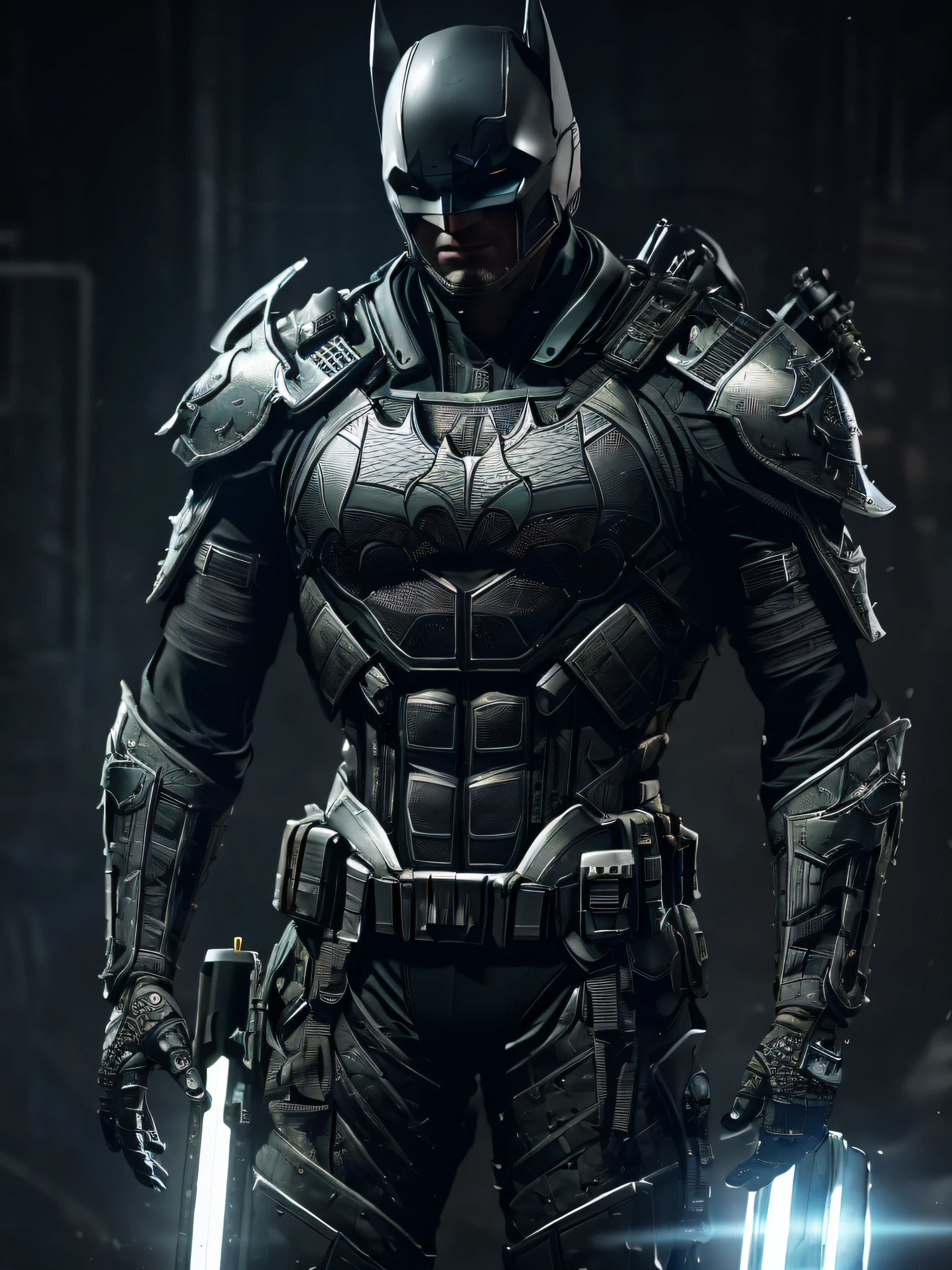 3d render of a highly detailed [Batman|Cyborg] wearing cybernetics and intricate detail armor with armored plates, hdr, 8k, subsurface scattering, specular light, highres, octane render, ray traced